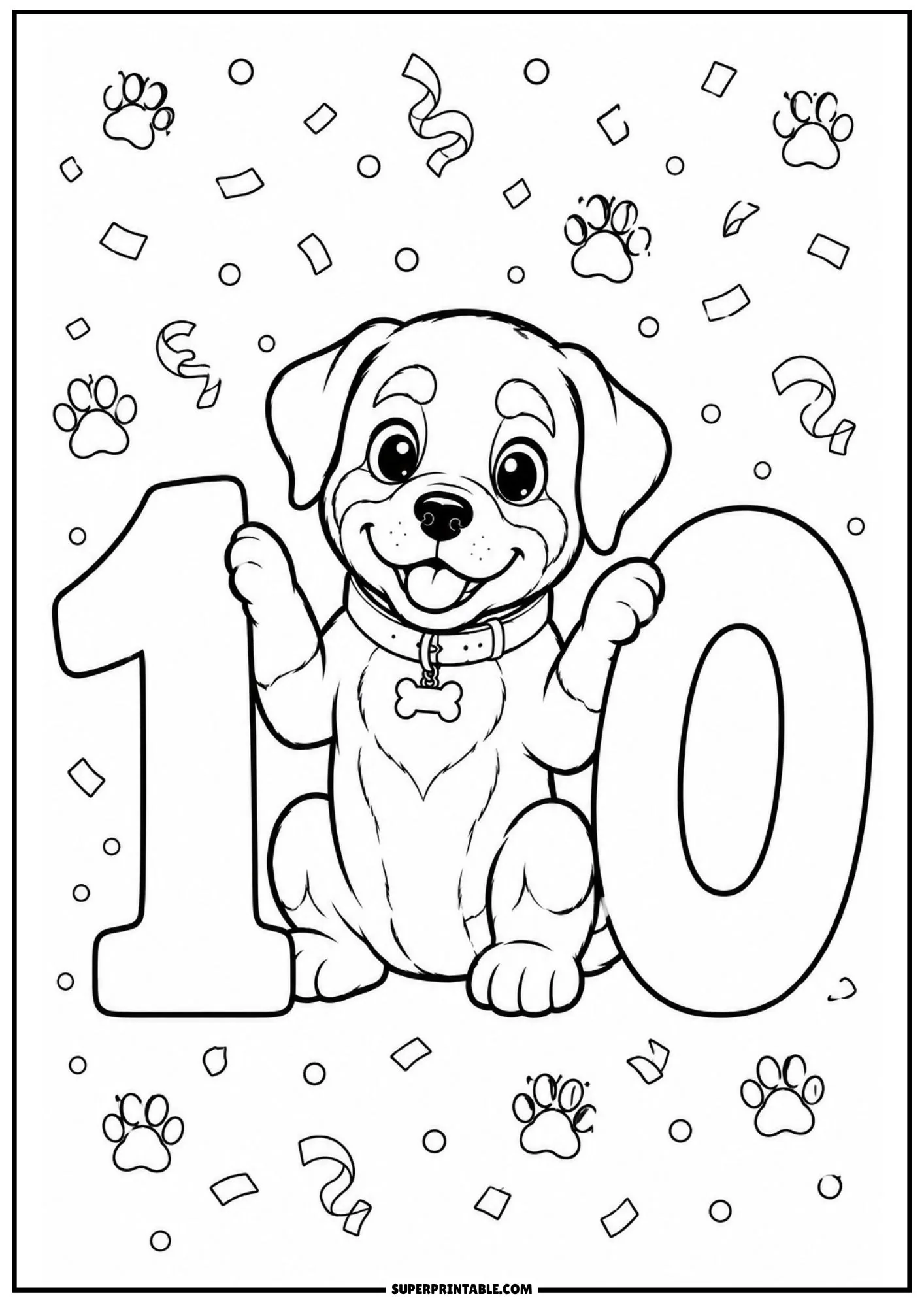 Joyful Rottweiler puppy standing between numbers one and zero in a number ten festive scene.