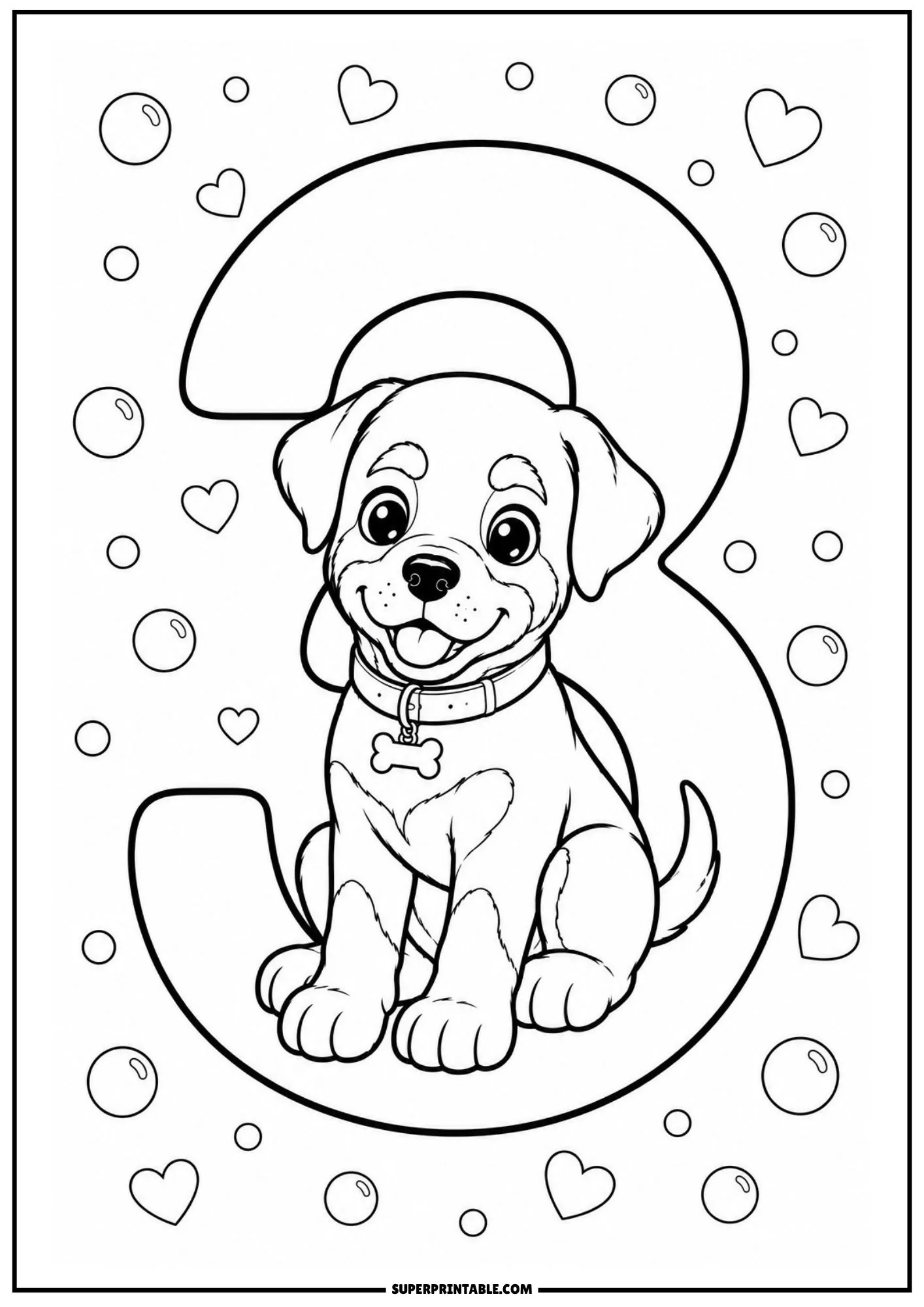 Smiling Rottweiler puppy sitting inside a big outline of number three with floating heart shapes.