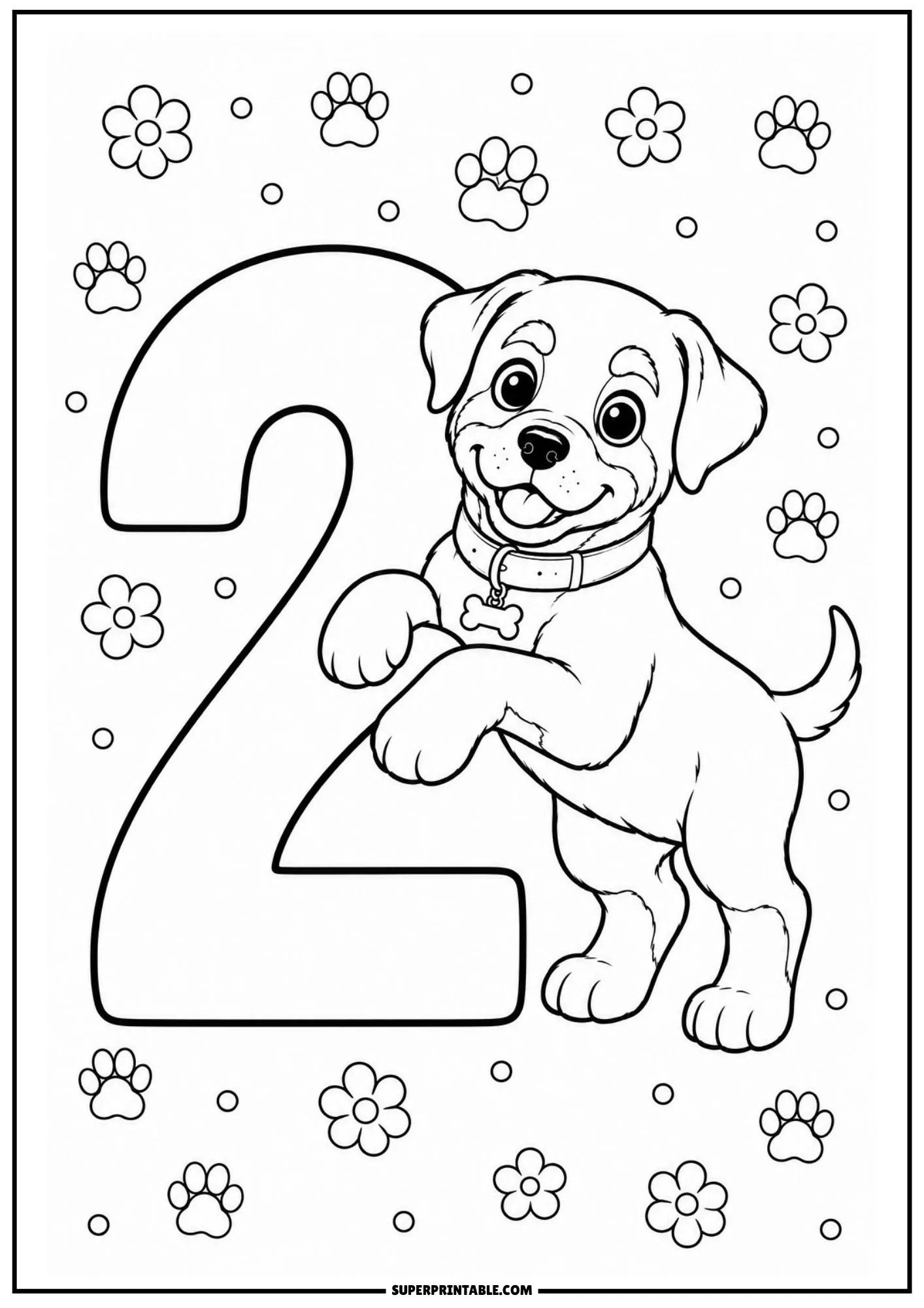 Cute cartoon Rottweiler puppy leaning on a large number two surrounded by flowers and paw prints.