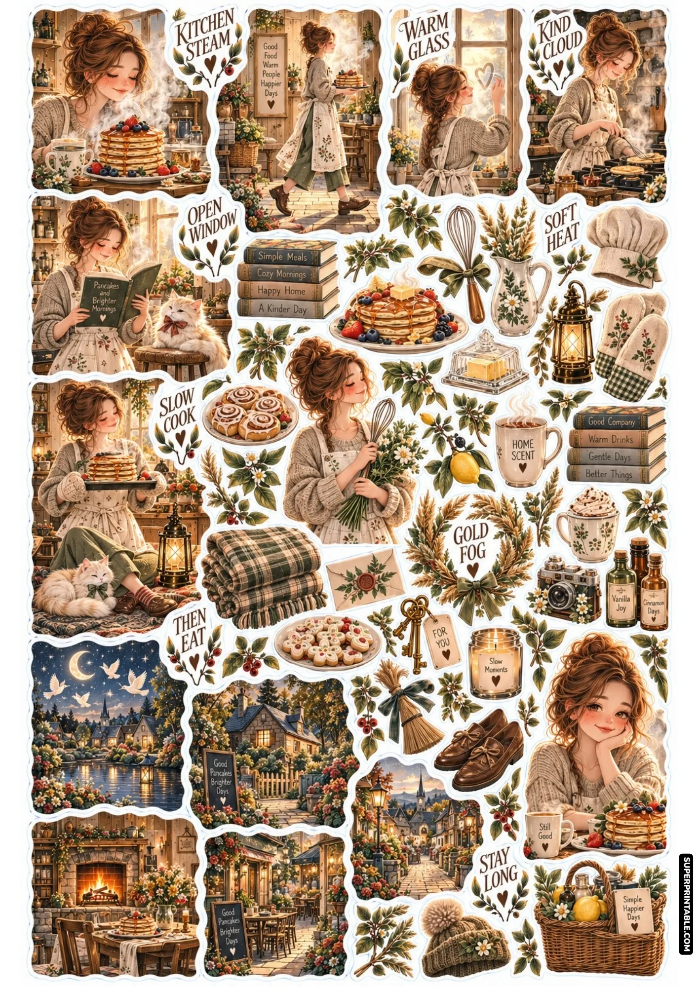 Artisan bakery sticker sheet showing steaming berry pancake stacks, wire whisks, and warm cookies