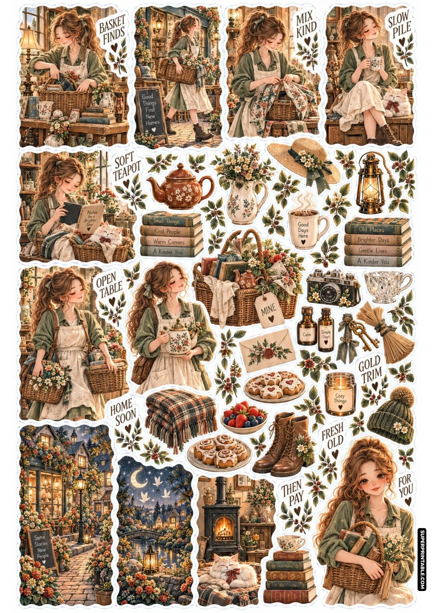 Antique market sticker design showing woven baskets stacked books and vintage tea ware