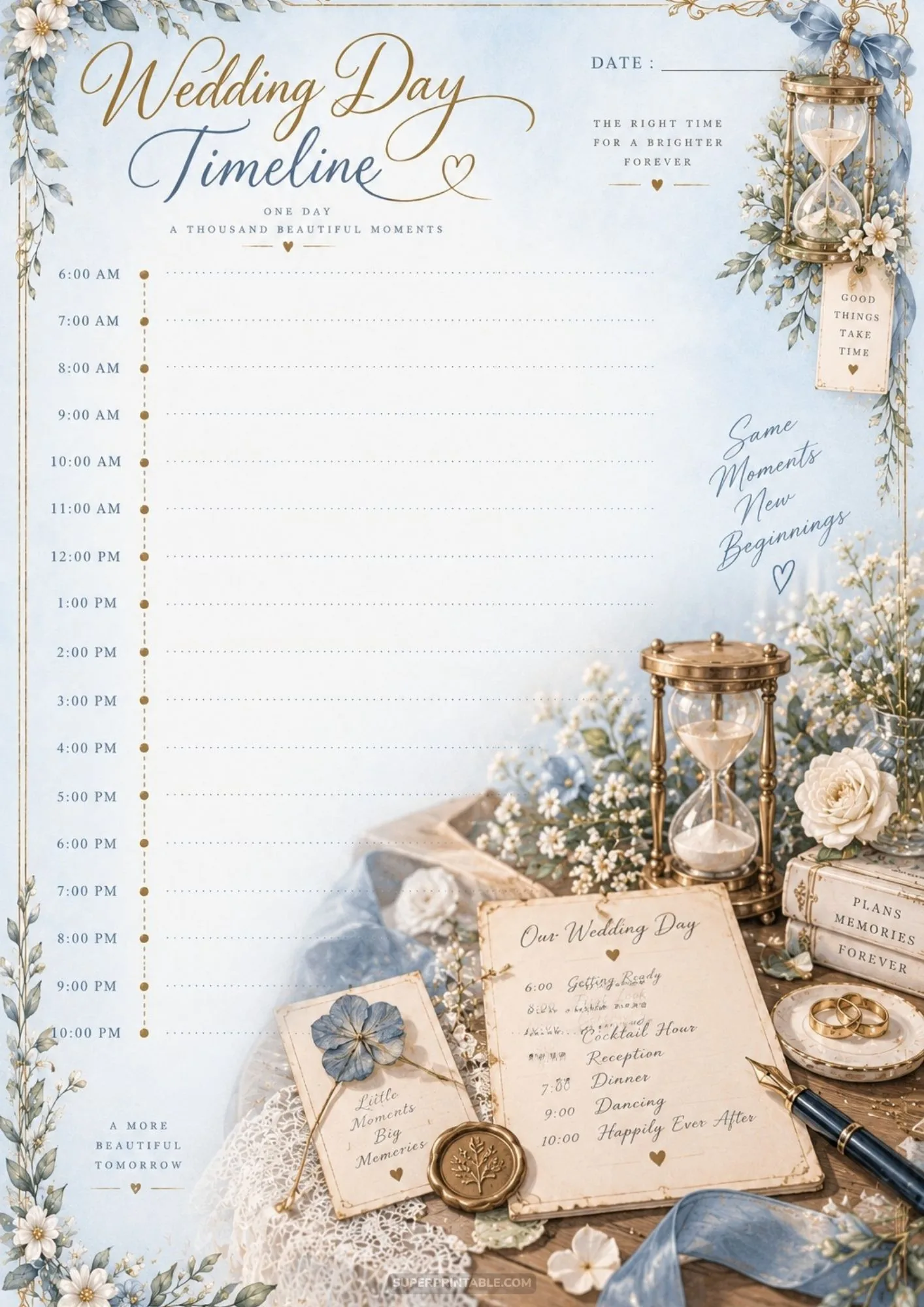 Rustic wedding timeline sheets styled with wax seal and pressed floral elements.