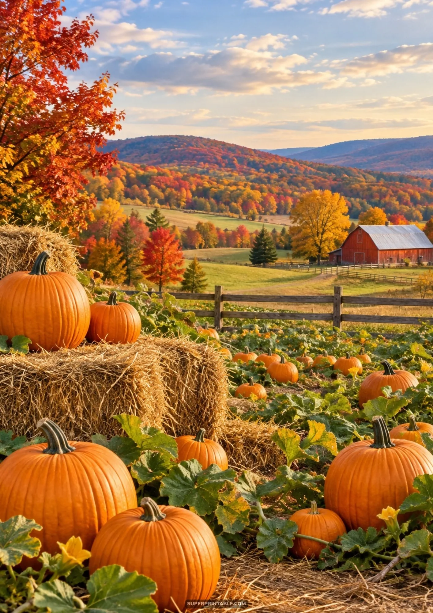 Abundant pumpkin patch on hay bales overlooking a red barn and colorful rolling hills