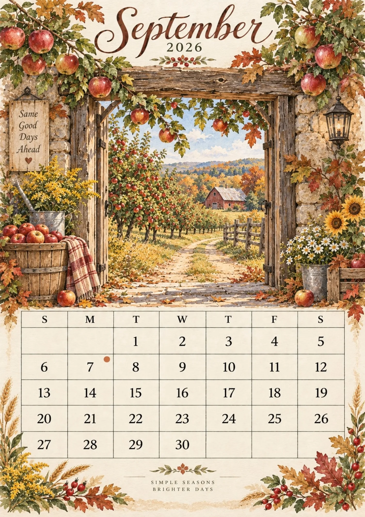 September 2026 monthly calendar page featuring a rustic orchard archway, red apples, and distant red barn.