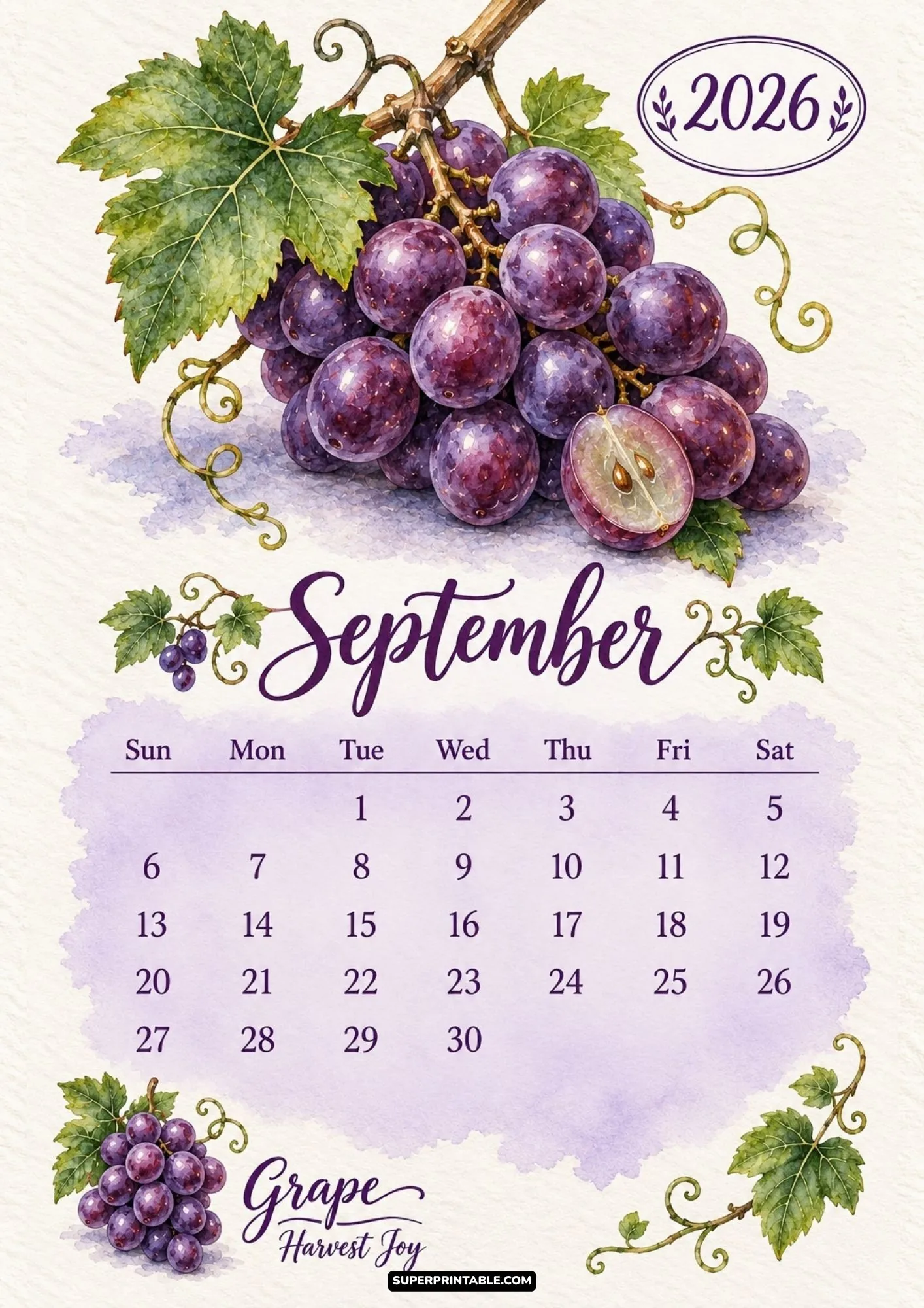 September 2026 monthly calendar sheet showing watercolor purple grape clusters and vine leaves.