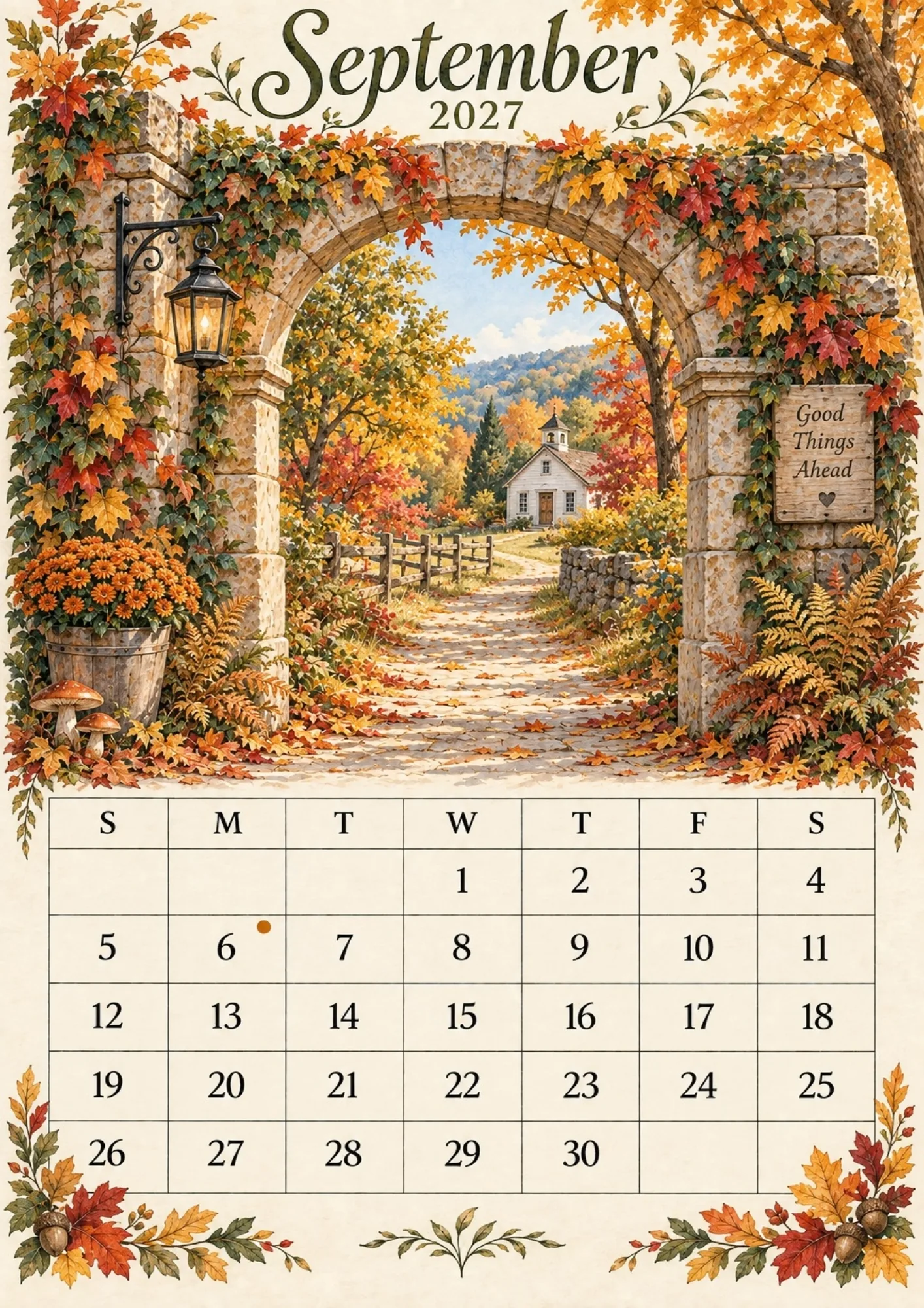 September 2027 calendar page with a stone arch wrapped in vibrant autumn foliage leading to a country church.