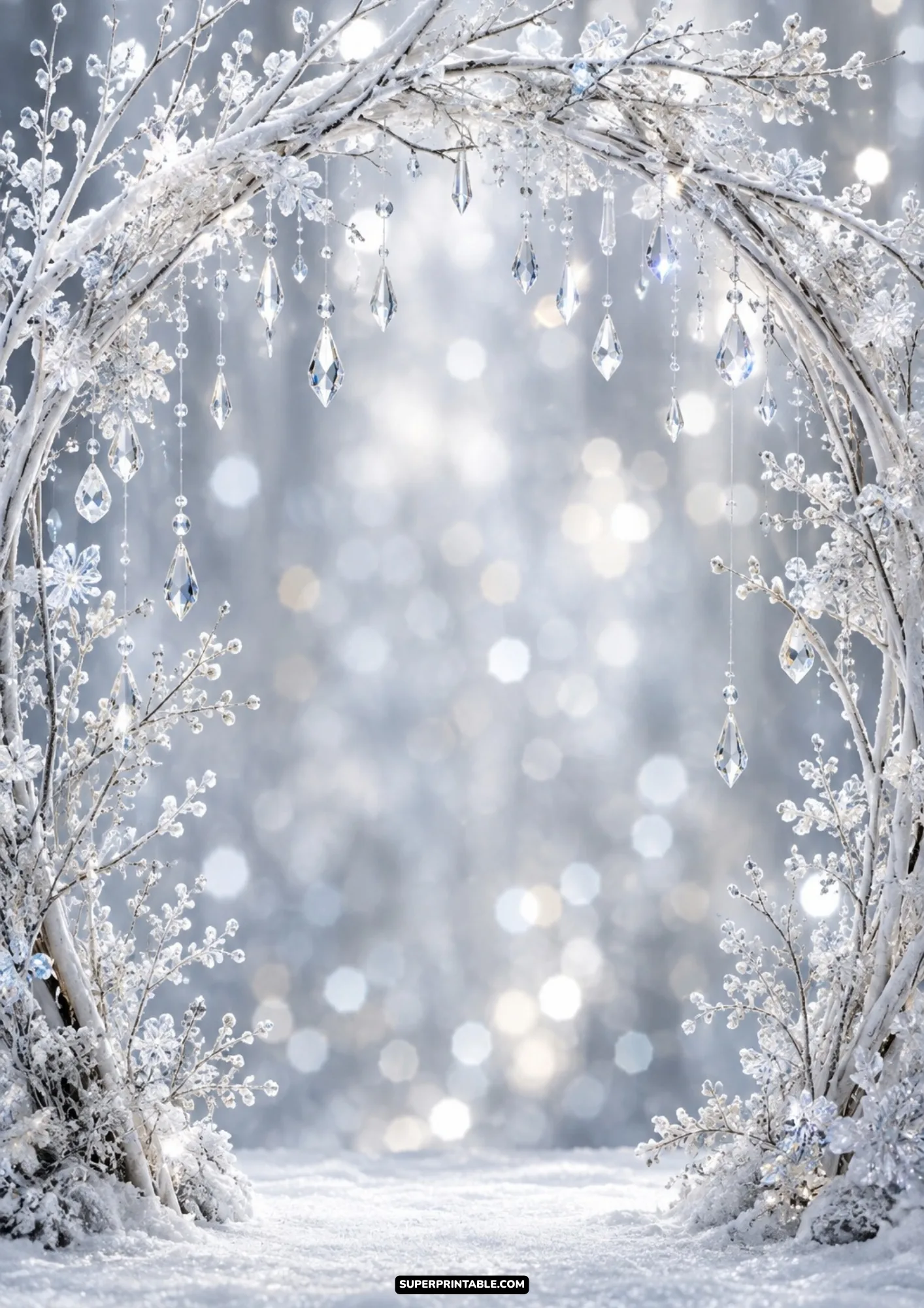Elegant frosted winter arch crafted from snowy white birch branches adorned with glittering faceted crystals