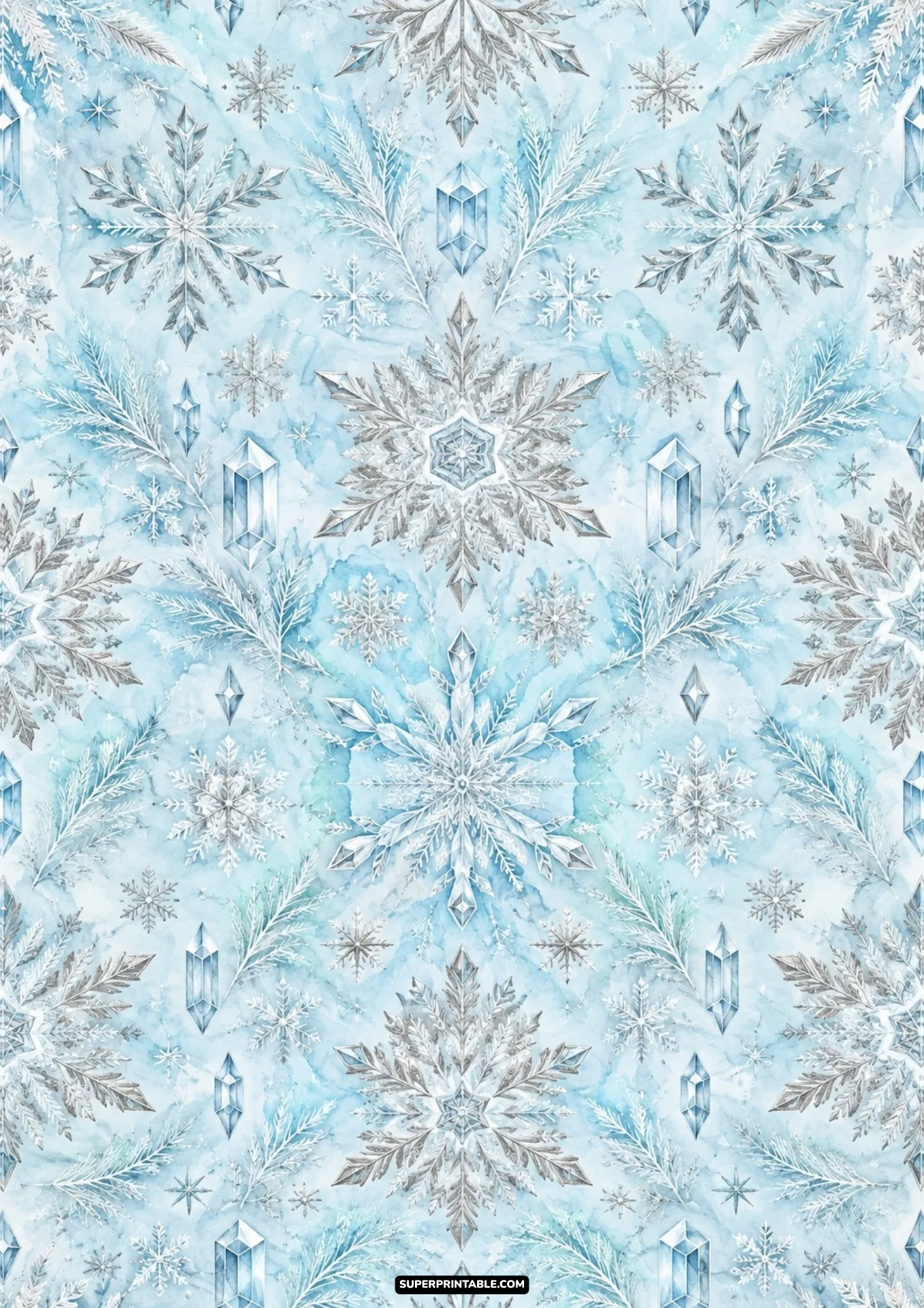 Intricate silver frosted snowflakes and faceted prism crystals patterned across an icy light blue surface