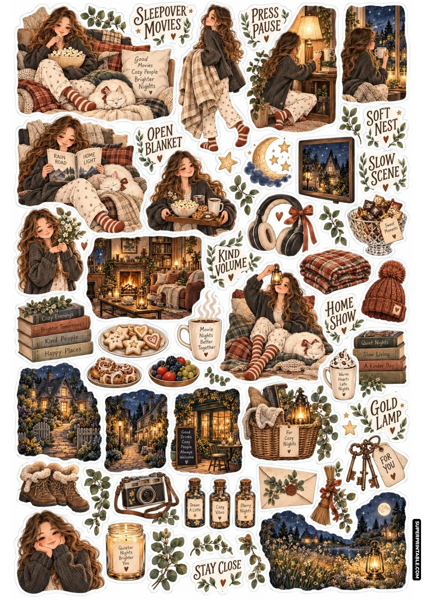 Sleepover night sticker sheets featuring cozy movie night moments, bowls of popcorn, headphones, and warm blankets
