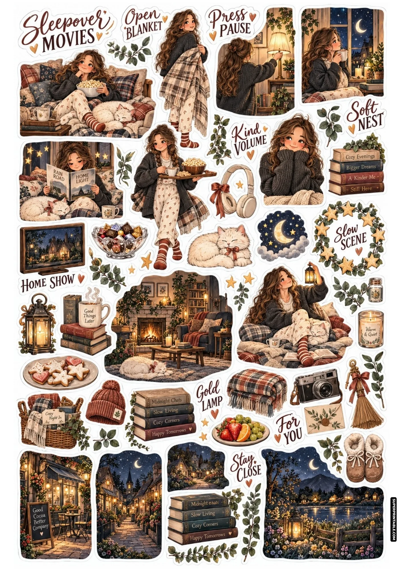 Popcorn snacks, cozy sofa lounging, and late movie scenes on sleepover night sticker sheets.