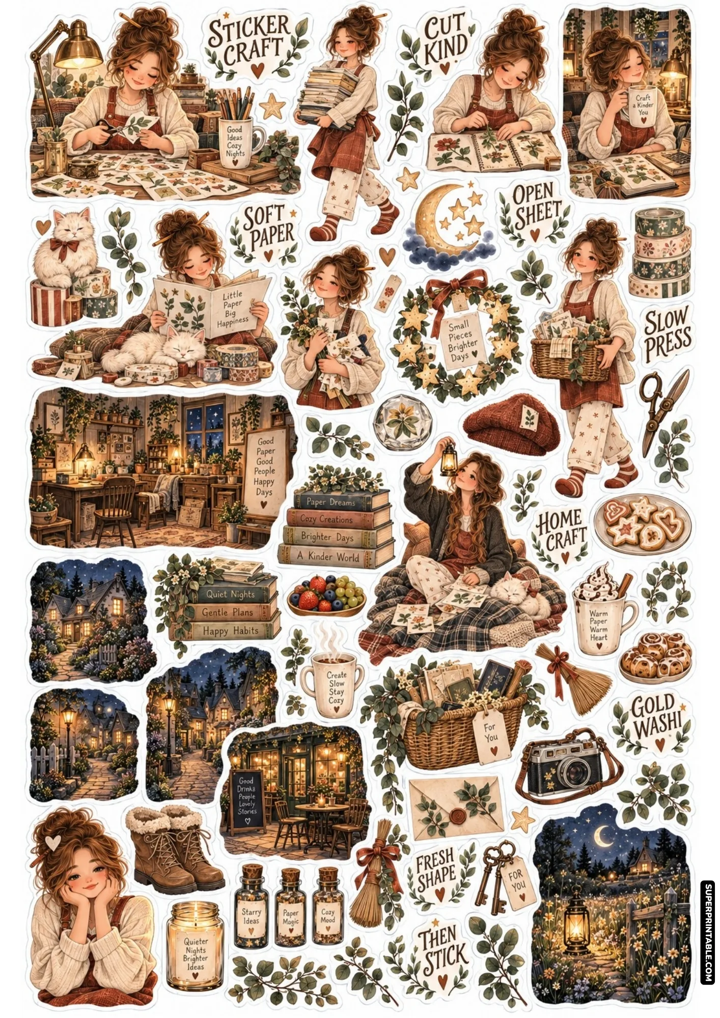 Scrapbook crafting stickers featuring washi tape rolls, craft scissors, open journals, and botanical paper ephemera