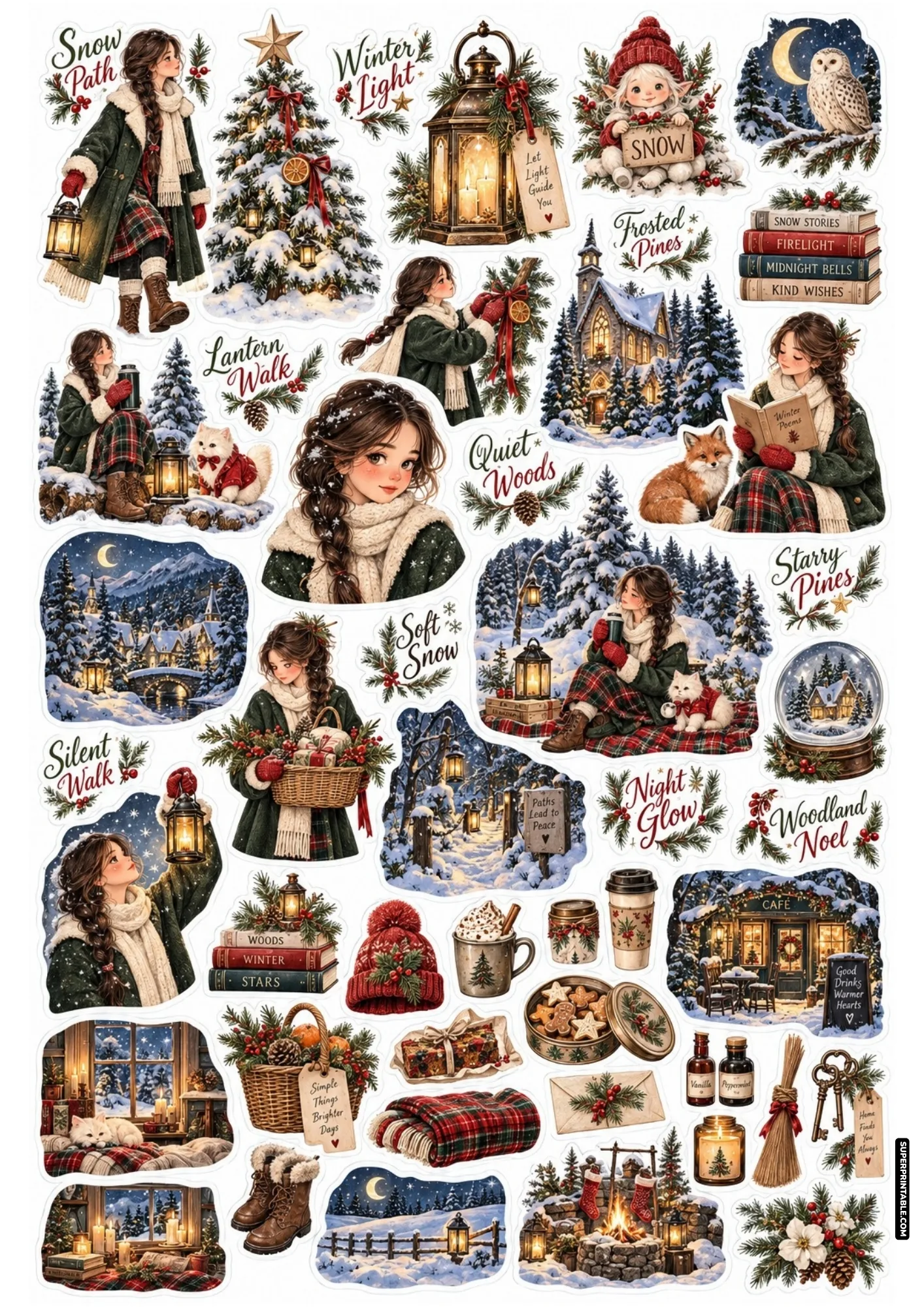 Winter woodland sticker collection featuring quiet pine forests, snowy lanterns, sleeping owls, and gentle wildlife.