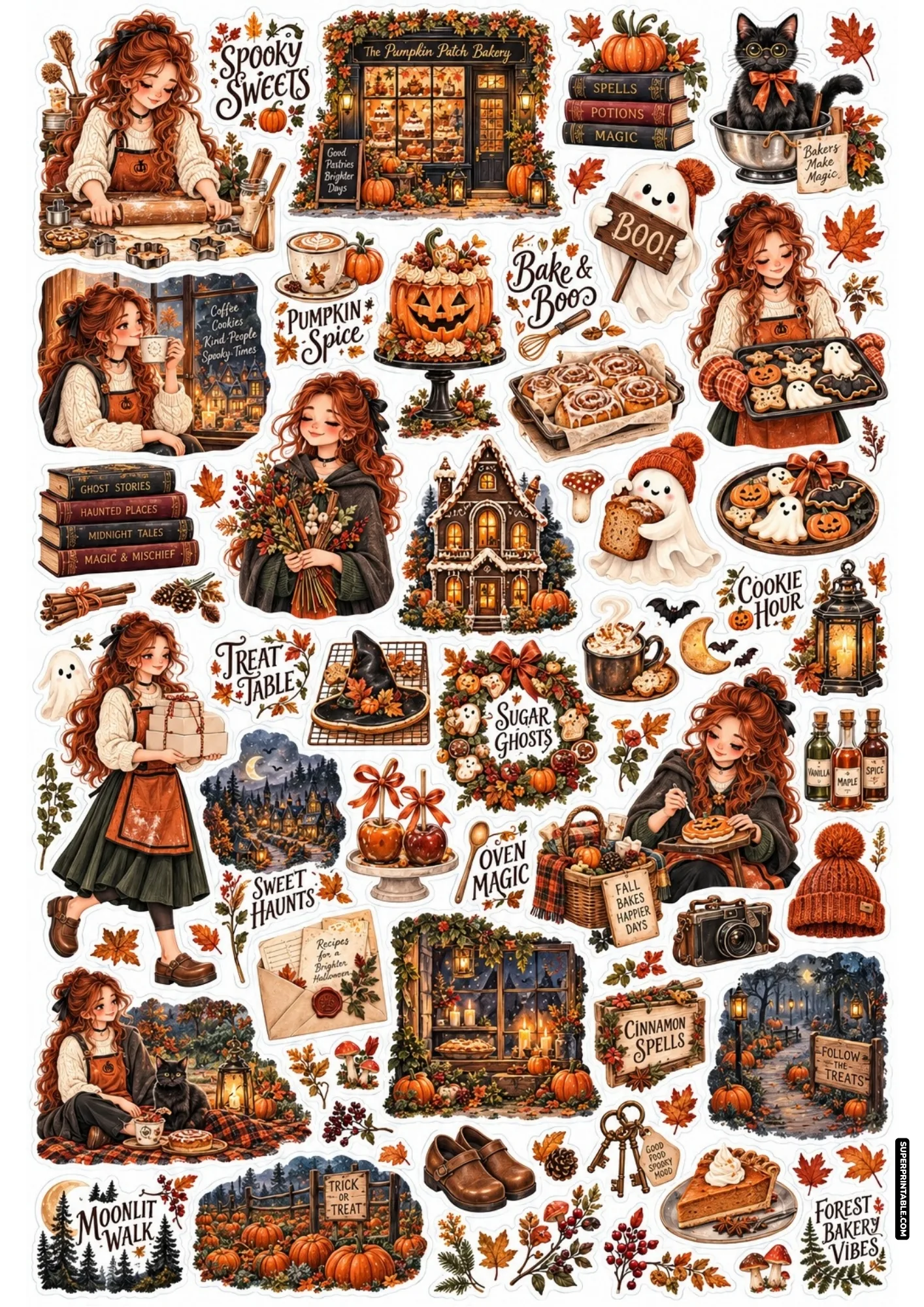 Spooky season sticker sheets showing cute autumn bakery scenes, ghost cookies, and pumpkin pastries.