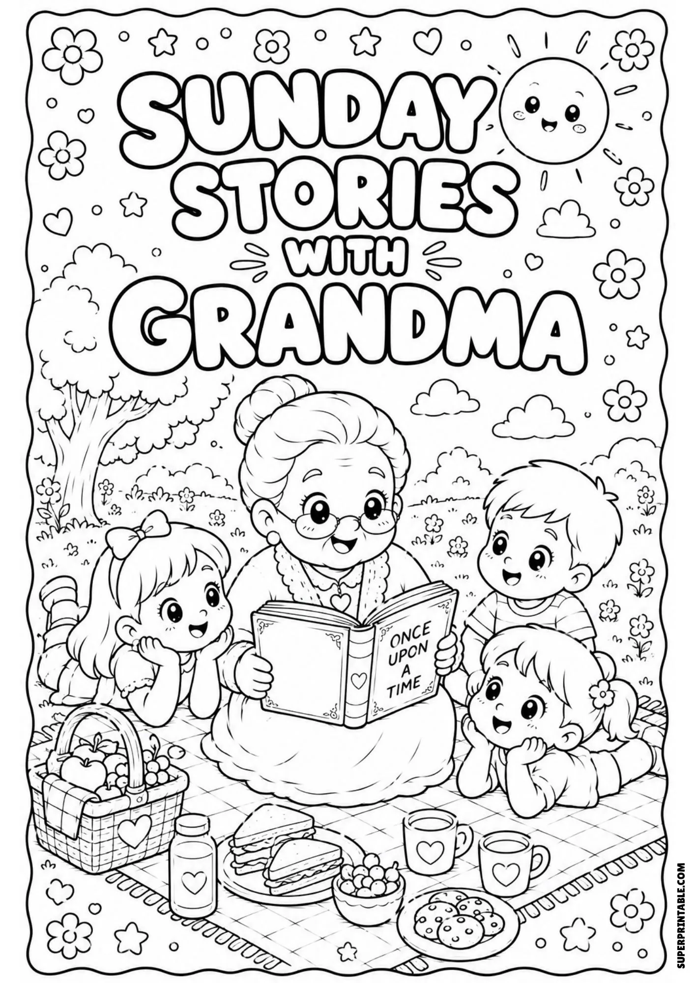 Line art of a grandmother reading a storybook to three children on an outdoor picnic blanket.