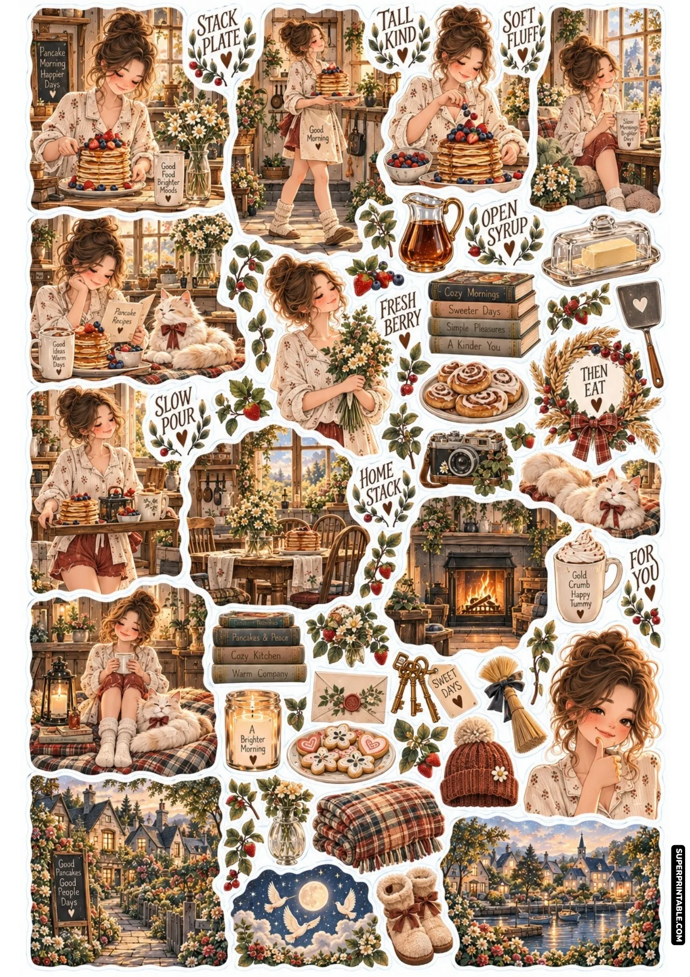 Sunlit morning sticker sheet depicting breakfast in bed, maple syrup carafes, and cute sleeping cats