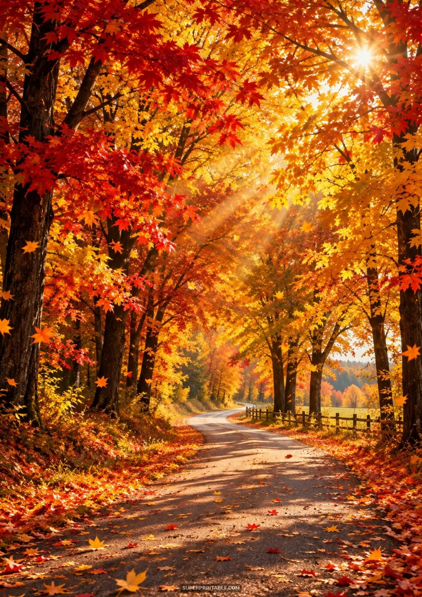 Winding country lane under an arching canopy of golden and scarlet fall trees in sunlight