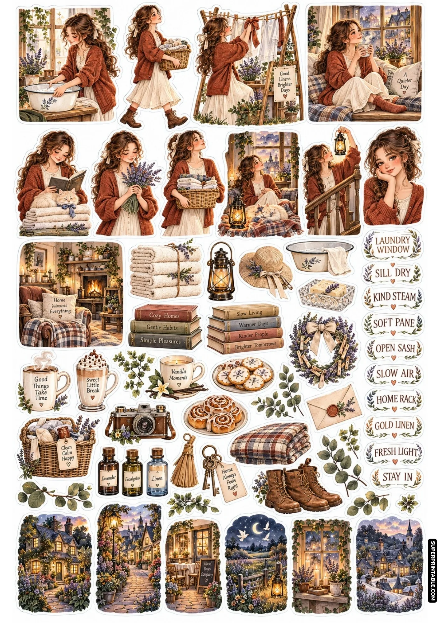 Sunlit cottage laundry stickers featuring girls drying linens on racks, herbal soap basins, and warm fireplace scenes.