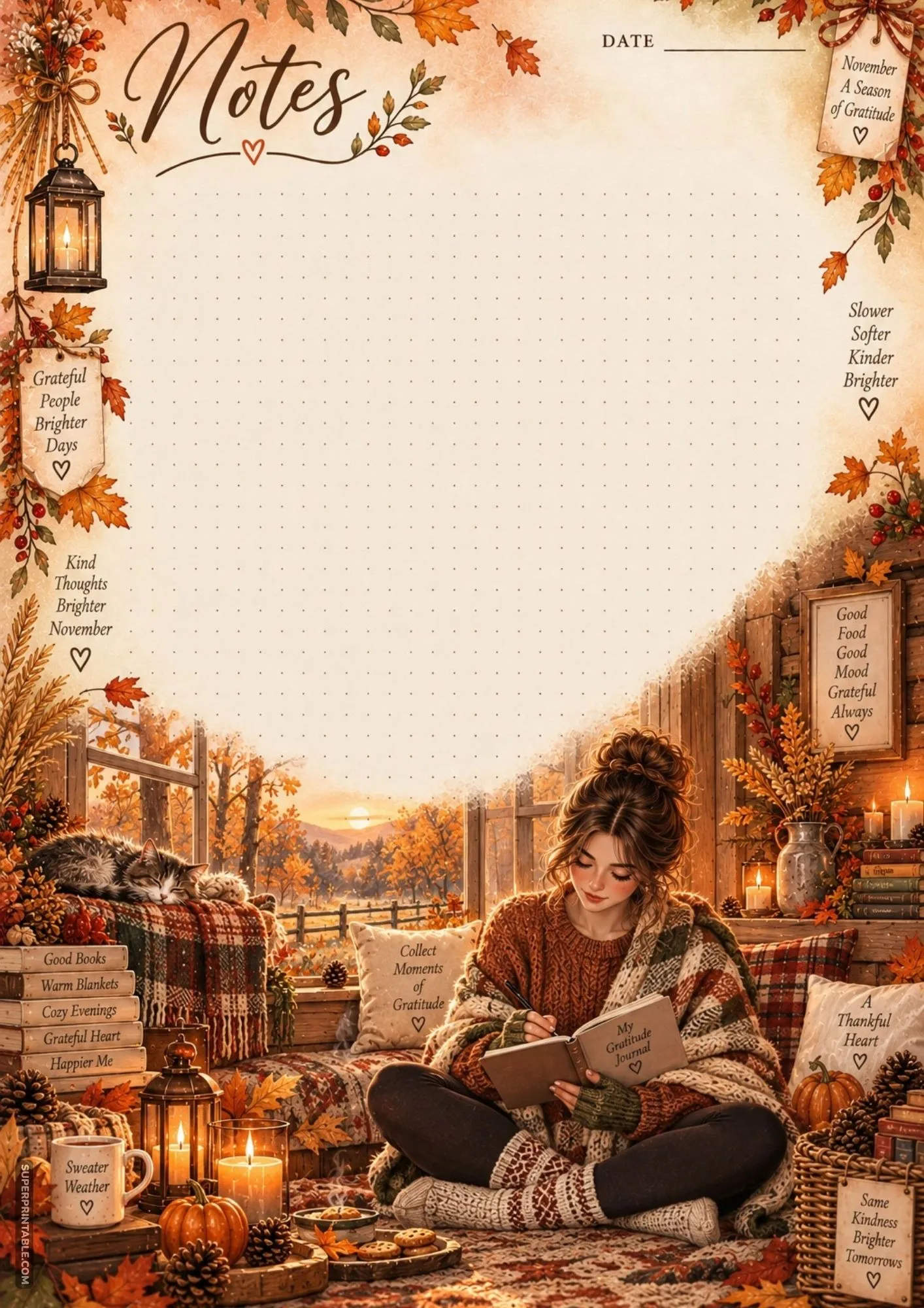 Autumn note layout displaying a woman writing in her gratitude journal on a plush rug by a sunset window.
