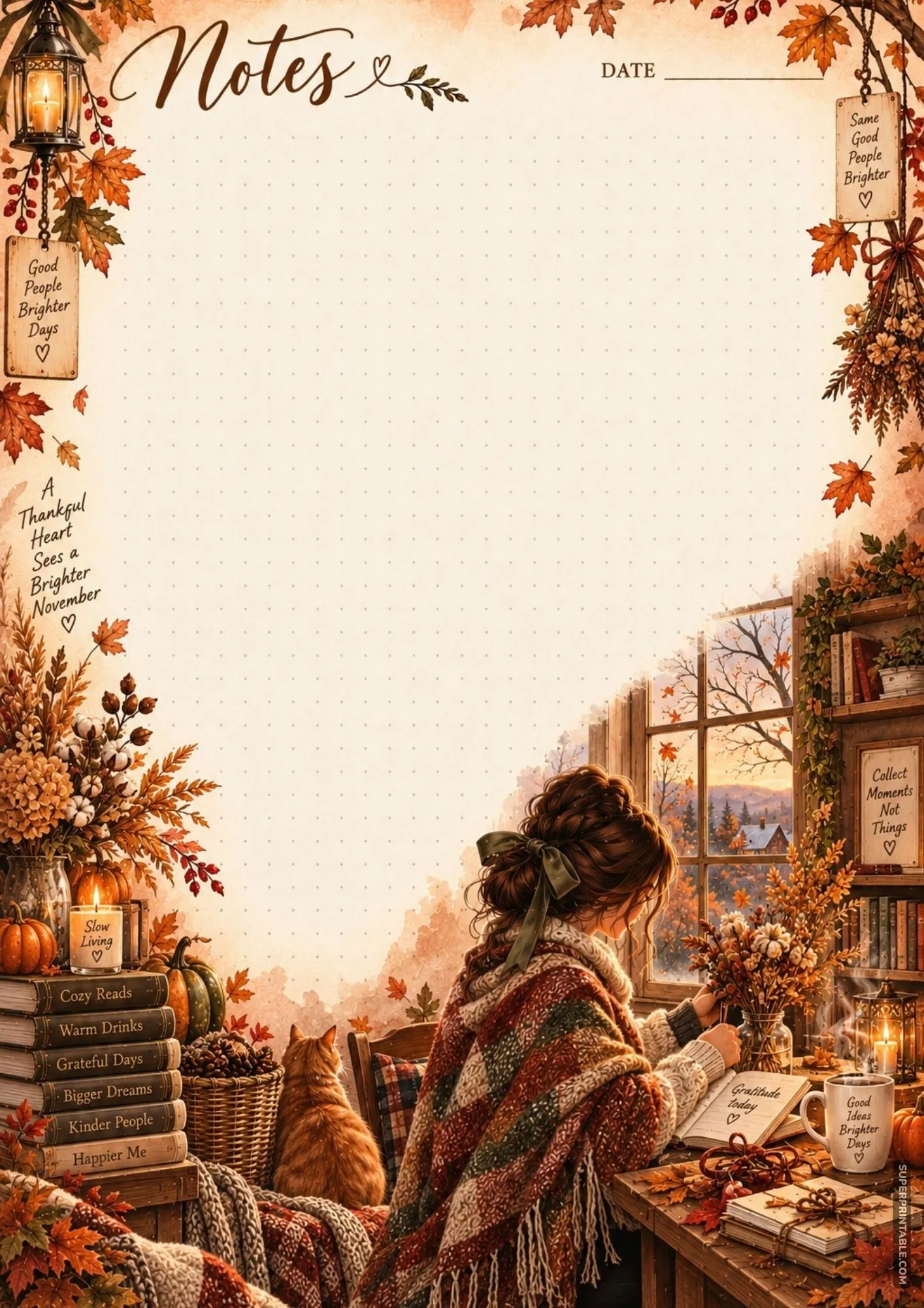 Cozy printable notes page showing a woman arranging fall flowers at her workspace window next to her cat.