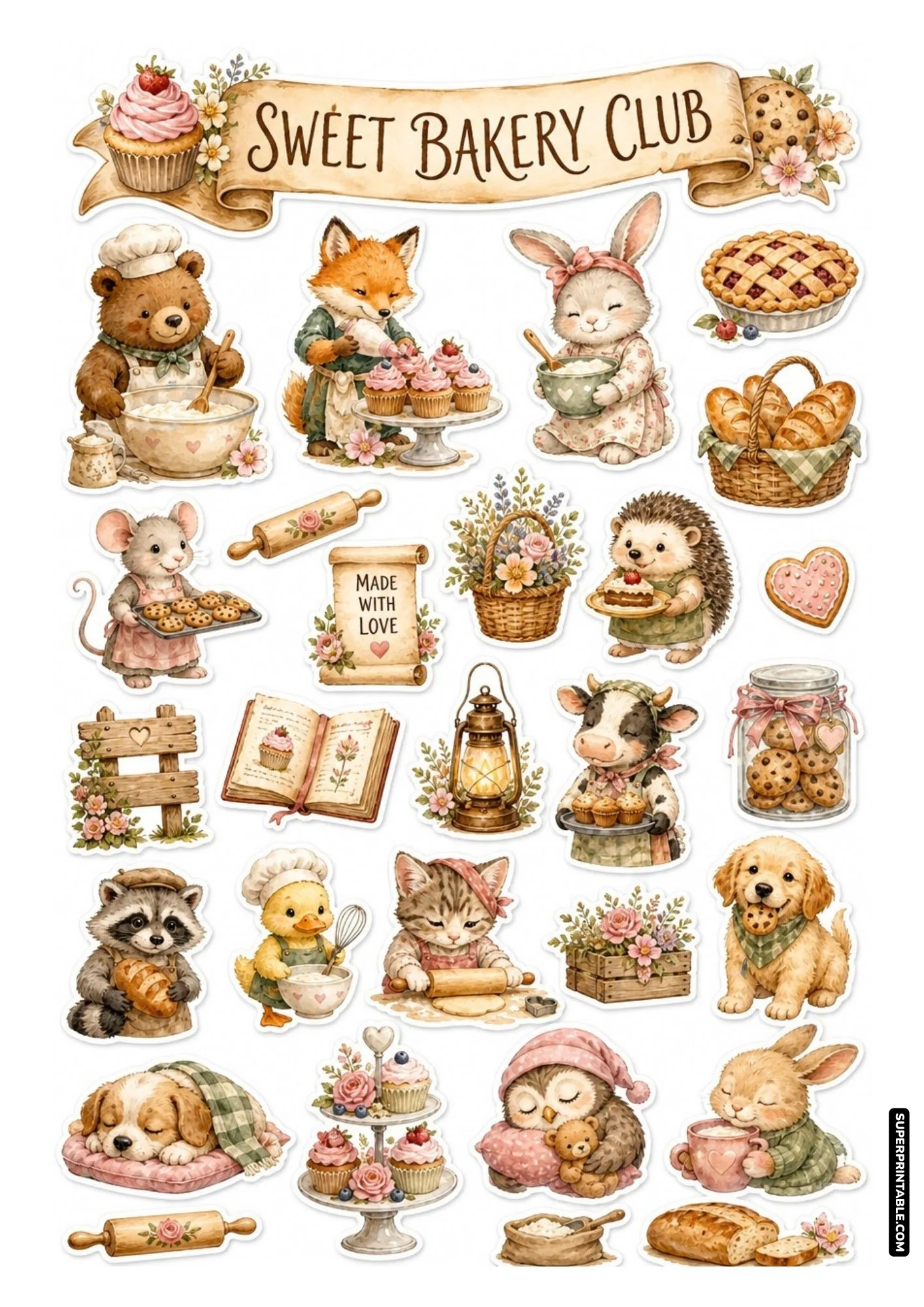 Sweet bakery sticker sheets featuring cozy animal chefs decorating cupcakes and fresh bread.