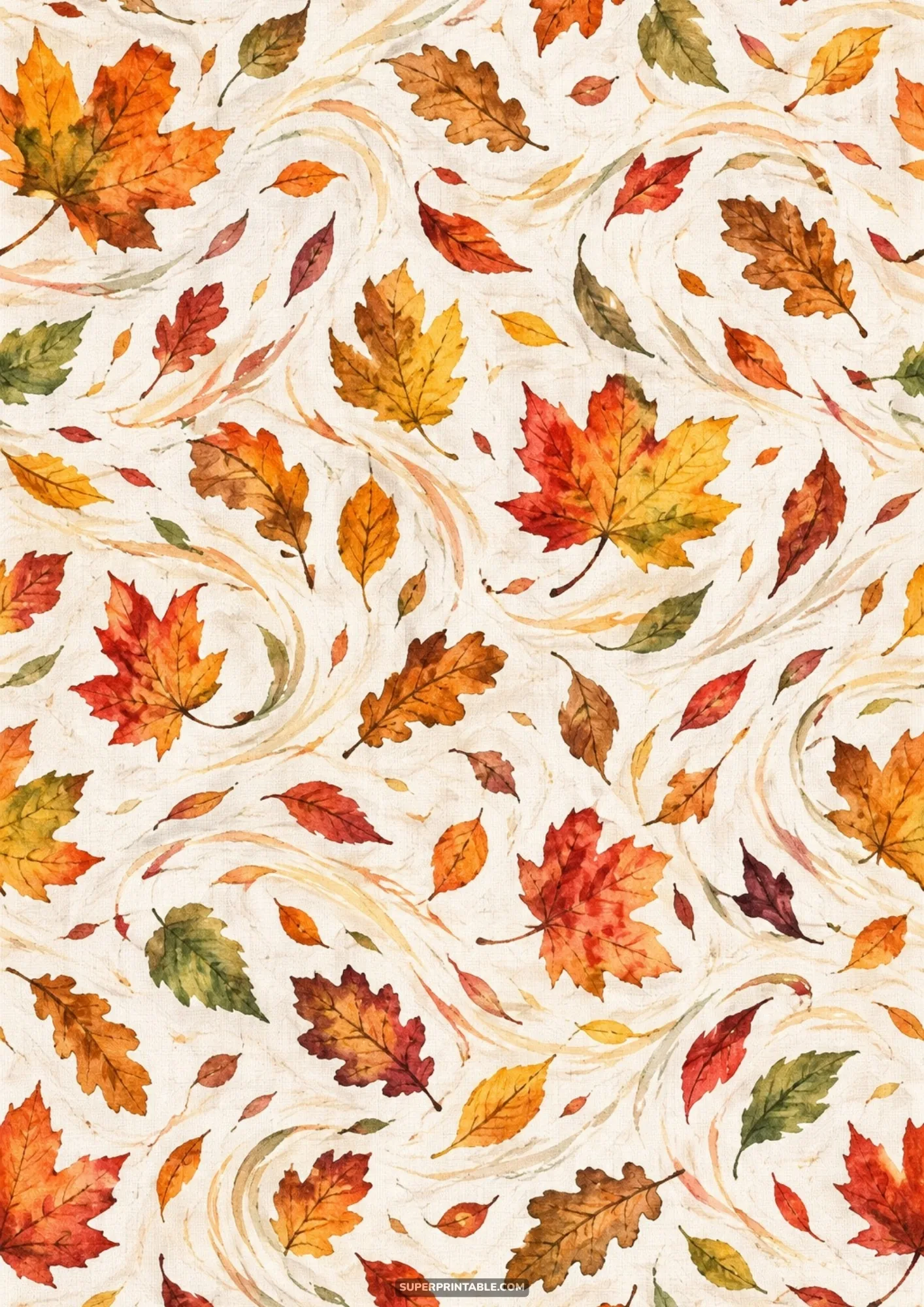 Seamless watercolor pattern of falling maple and oak leaves swirling in gentle breeze lines