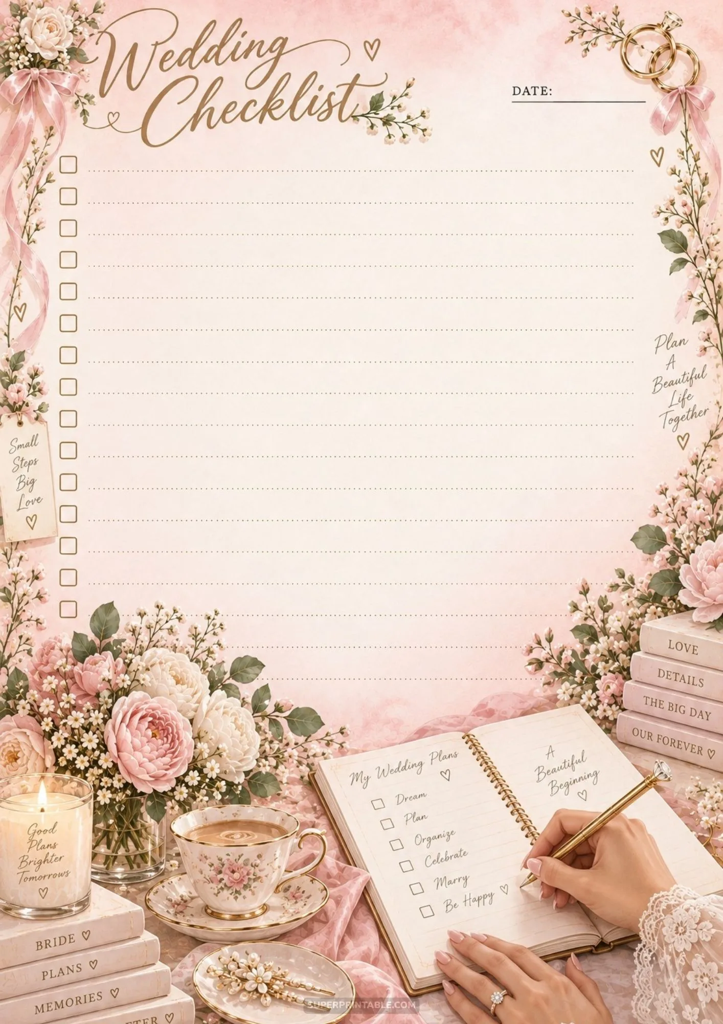 Detailed wedding checklist printable with a hand writing in a notebook beside floral teacup.