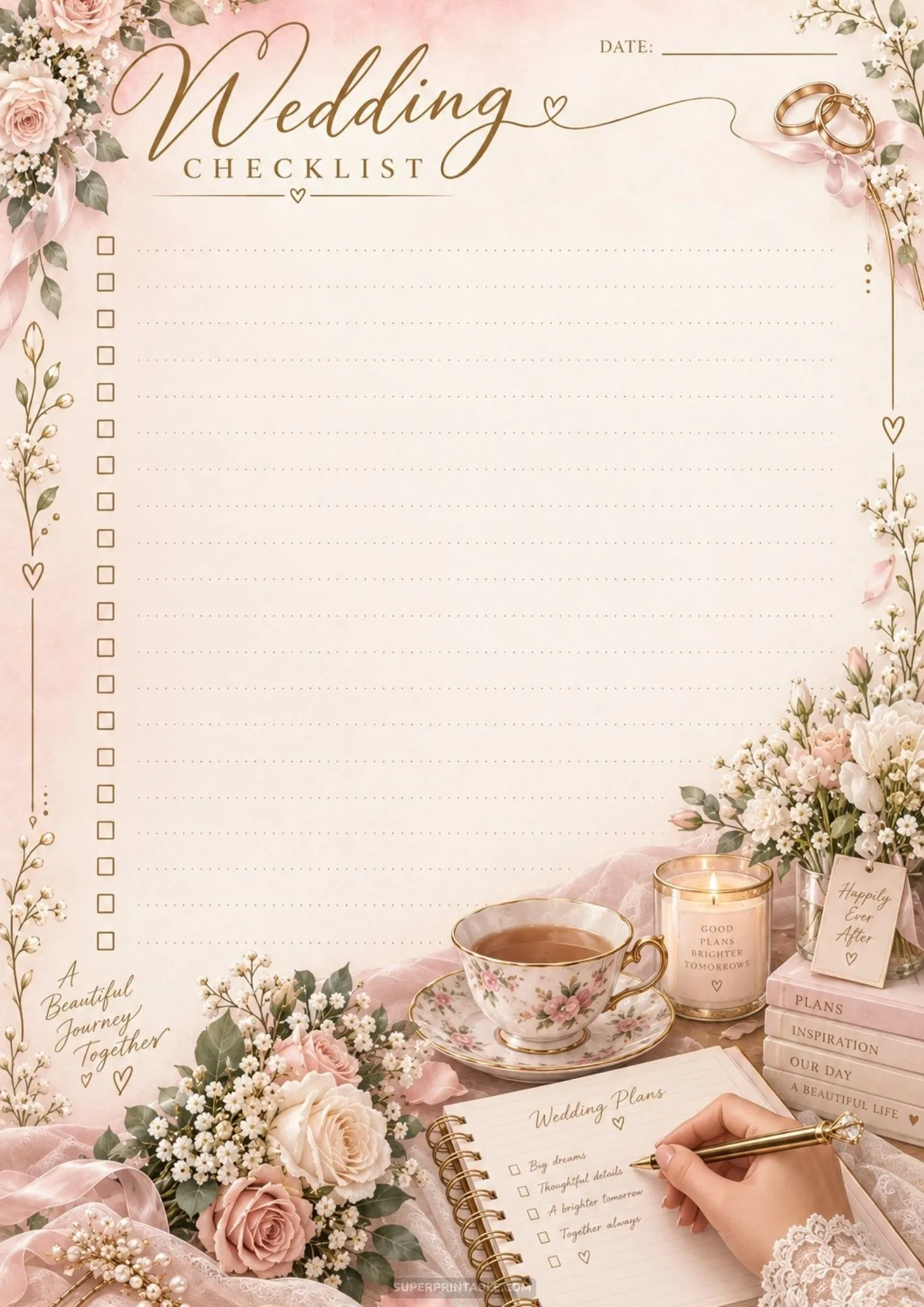 Floral bridal checklist page with teacup, glowing candle, and bride writing with gold pen.