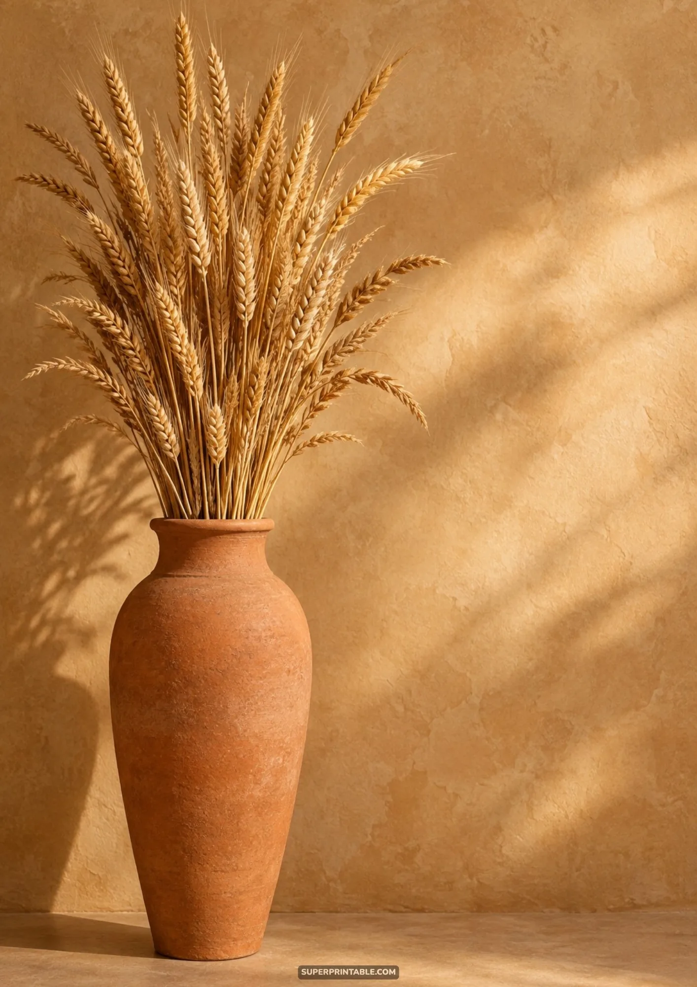 Tall earthenware vase holding dried wheat stalks against a warm sunlit stucco wall