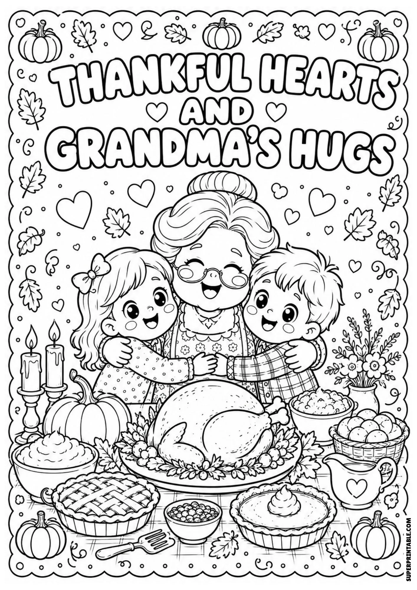 Line art of a grandmother hugging two children at a Thanksgiving dinner table loaded with food.