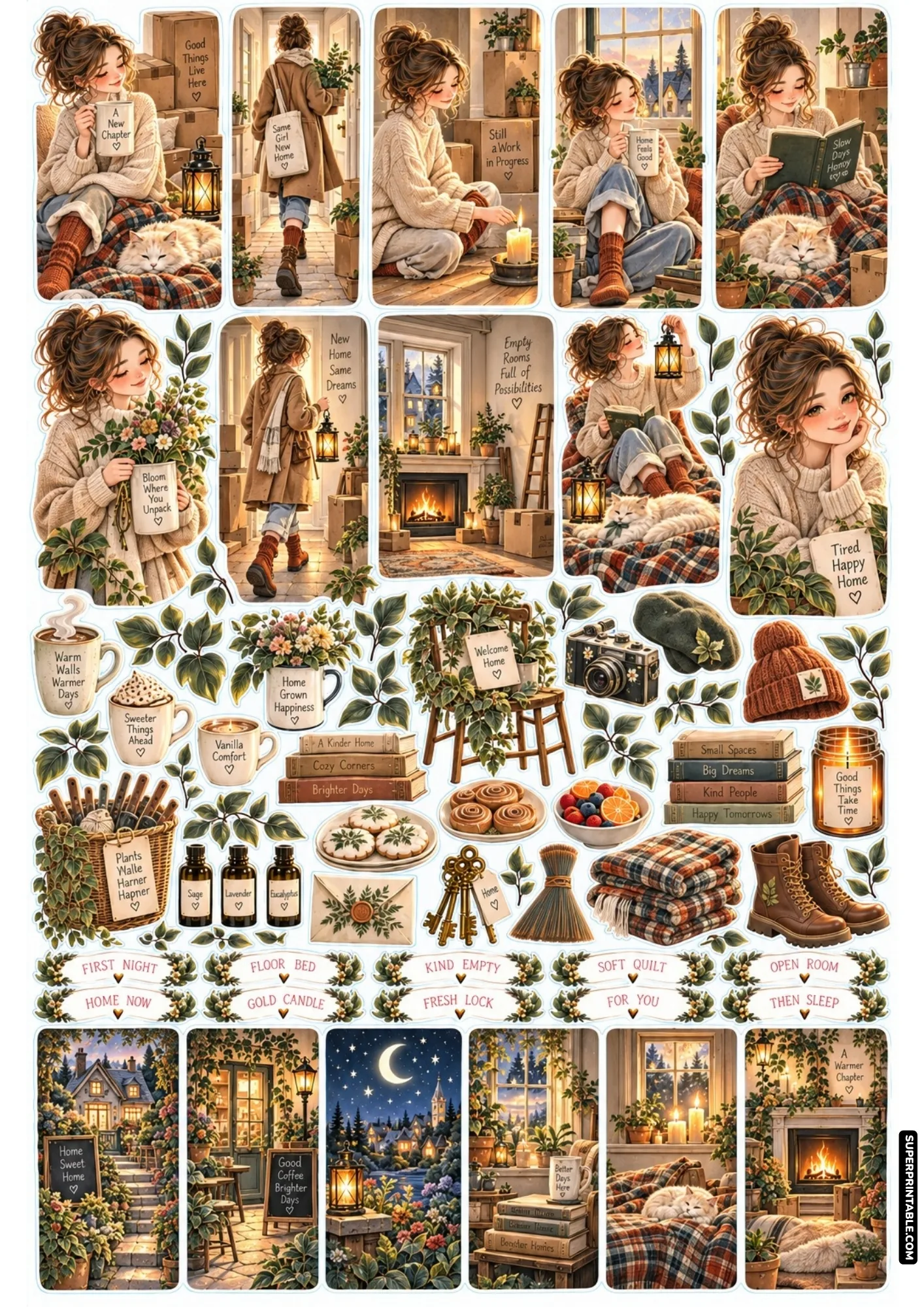 Moving day sticker sheet showing unpacked cardboard boxes, glowing hearths, and restful first evening scenes