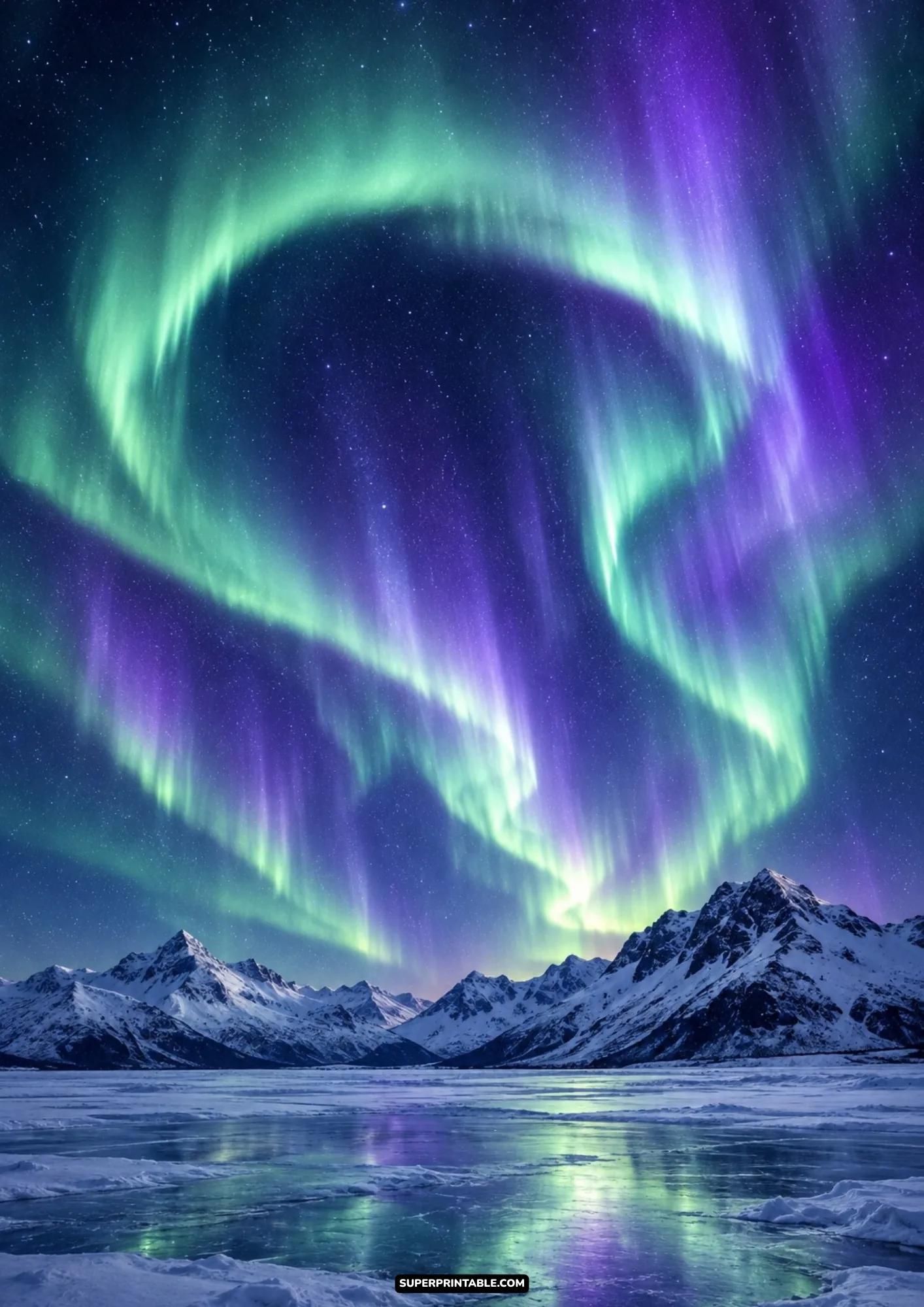 Vibrant green and violet aurora borealis glowing above snow-capped mountain ridges across a reflective icy plain