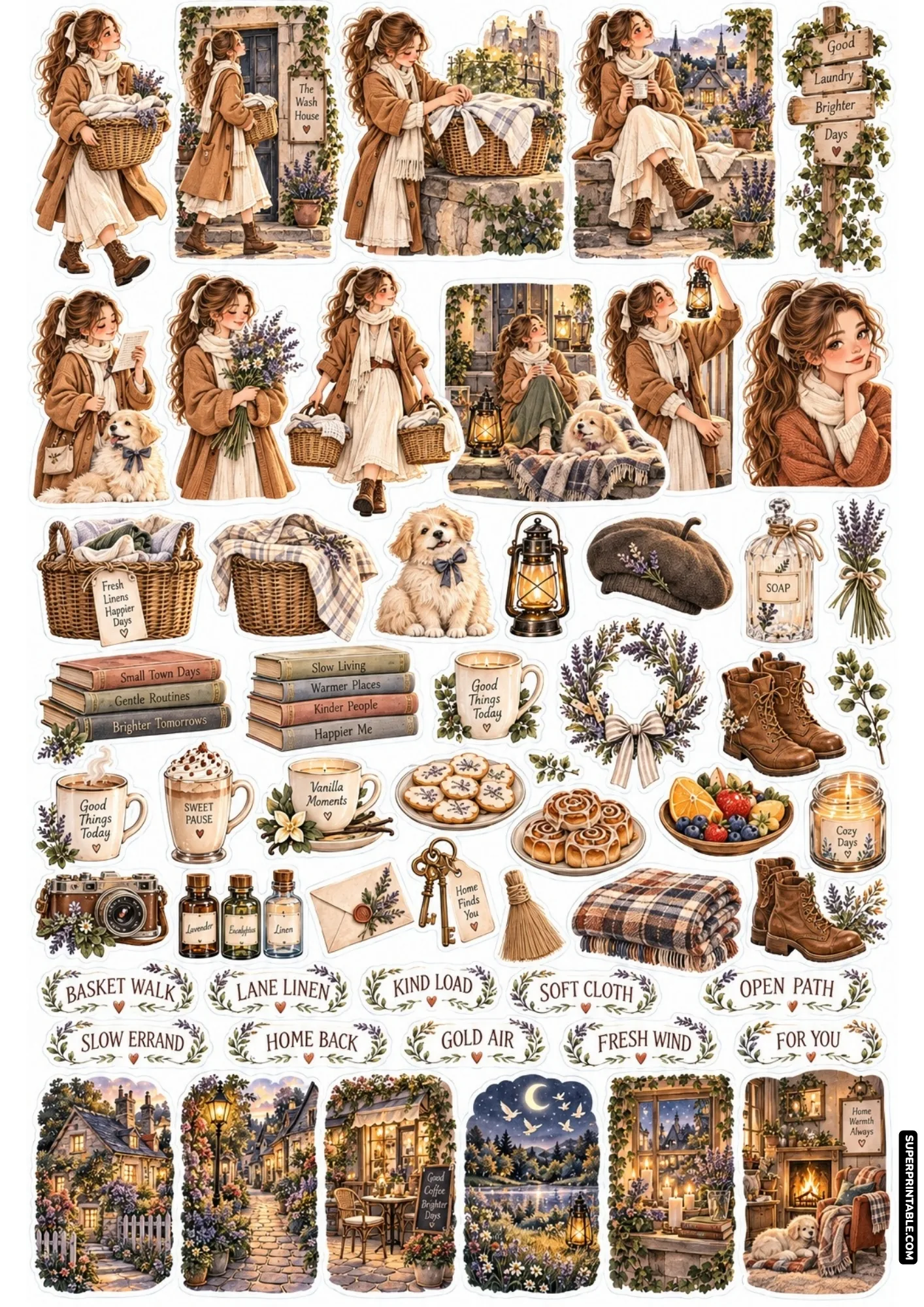 Village wash house sticker collection depicting girls carrying wicker laundry baskets along stone paths with cozy puppies.
