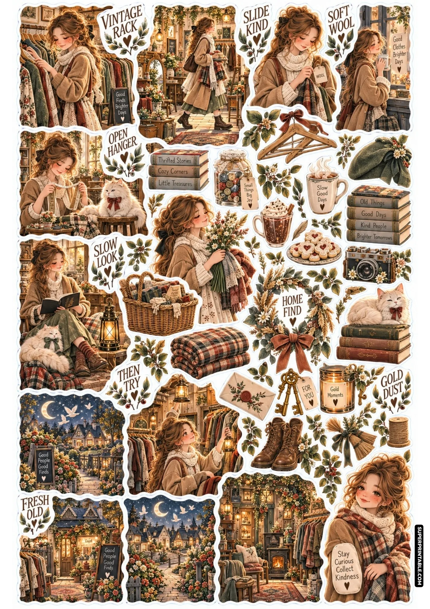 Cozy vintage apparel shop illustration with wool coats knitted scarves and wooden hangers