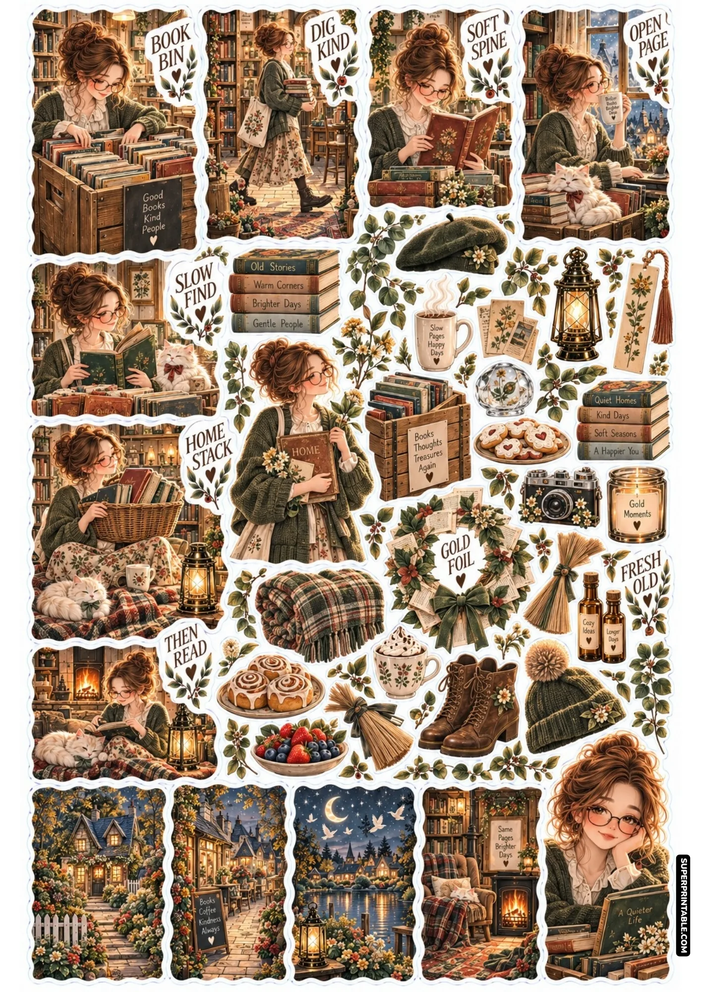 Vintage bookstore thrift shop sticker sheets featuring book crates and autumn flowers