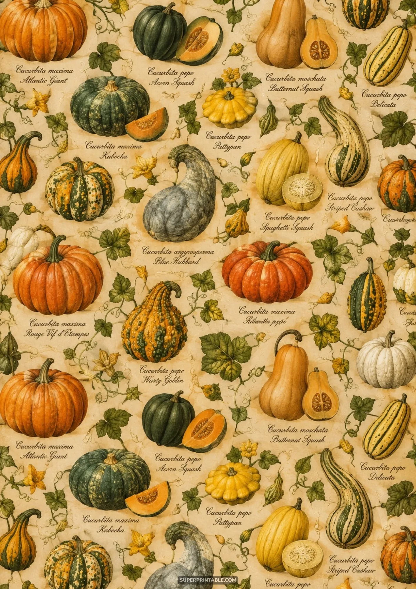 Vintage botanical chart displaying labeled heirloom squashes, pumpkins, and flowering vines