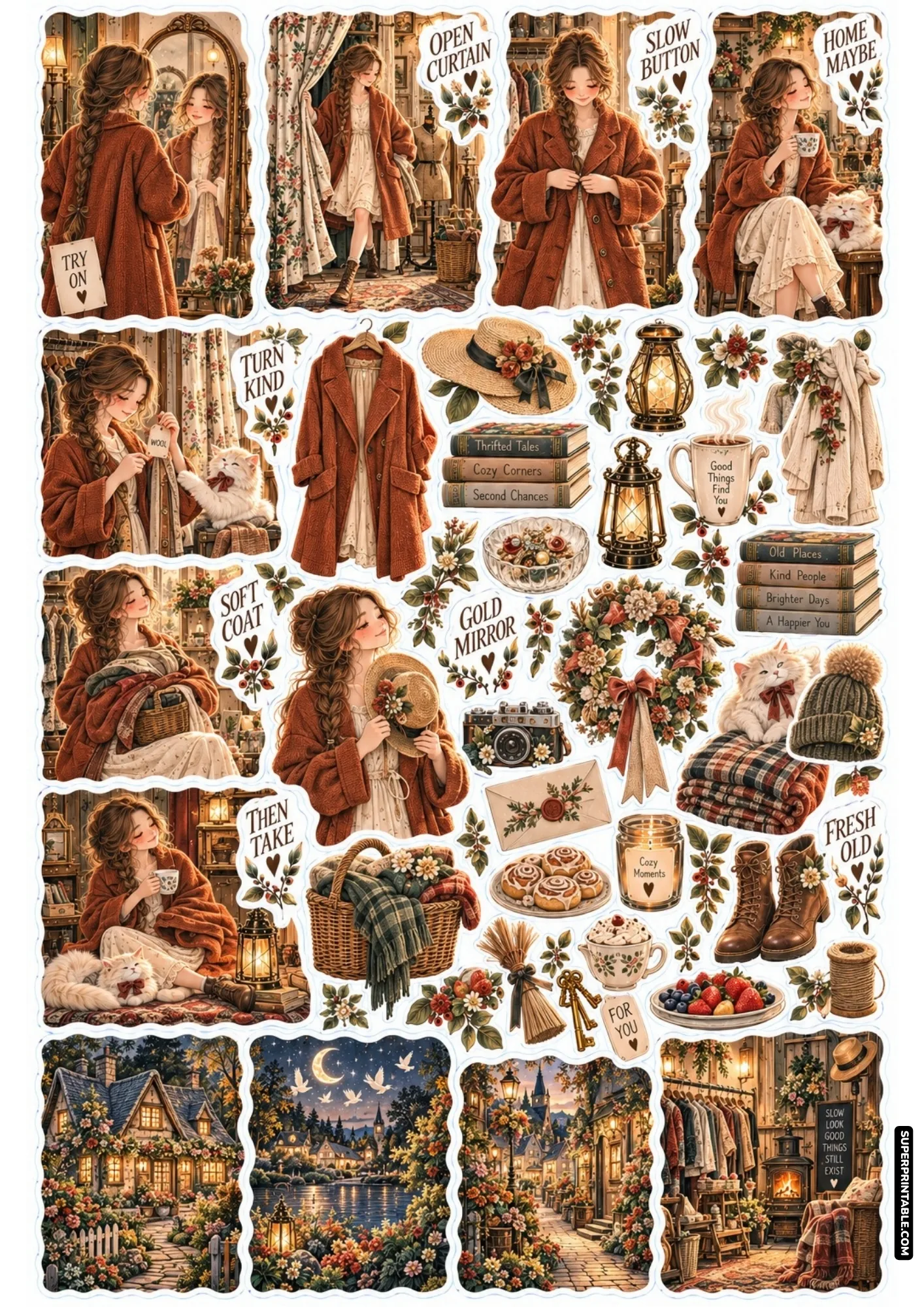 Warm fitting room scene featuring rust wool coats wooden mirrors and cozy autumn blankets