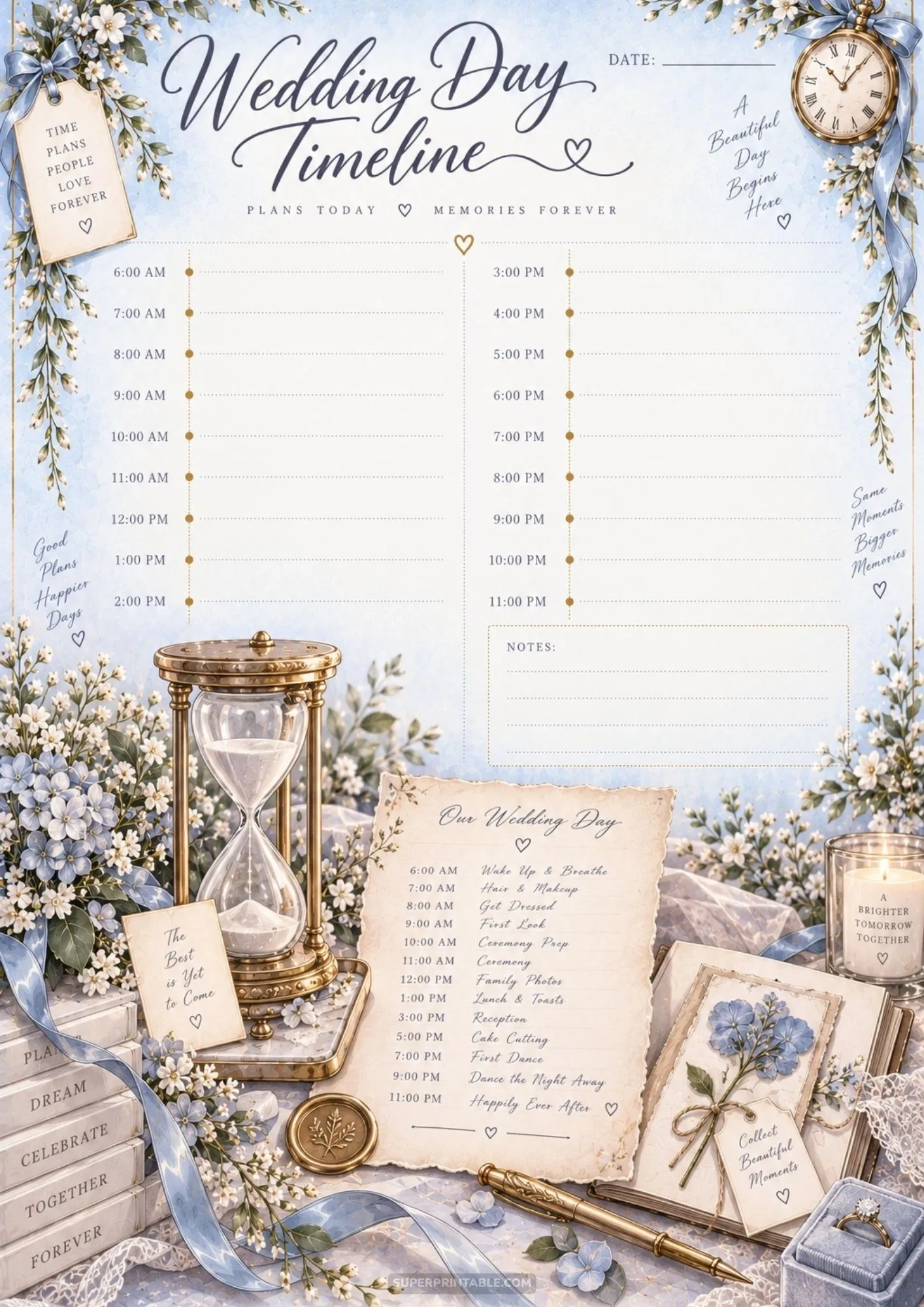 Vintage brass hourglass next to a printed wedding day itinerary sheet template.