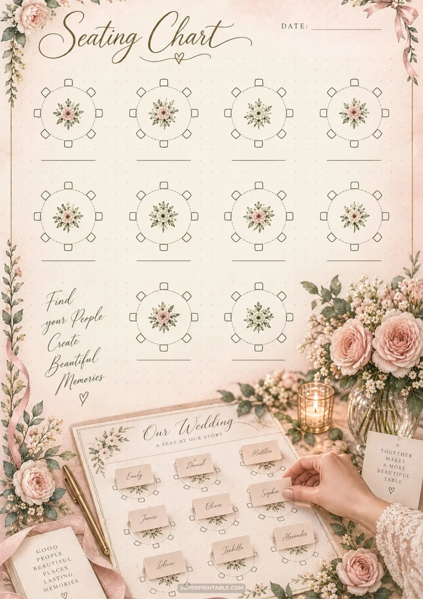Vintage floral reception seating layout presented with printed guest place cards and fresh rose bouquet