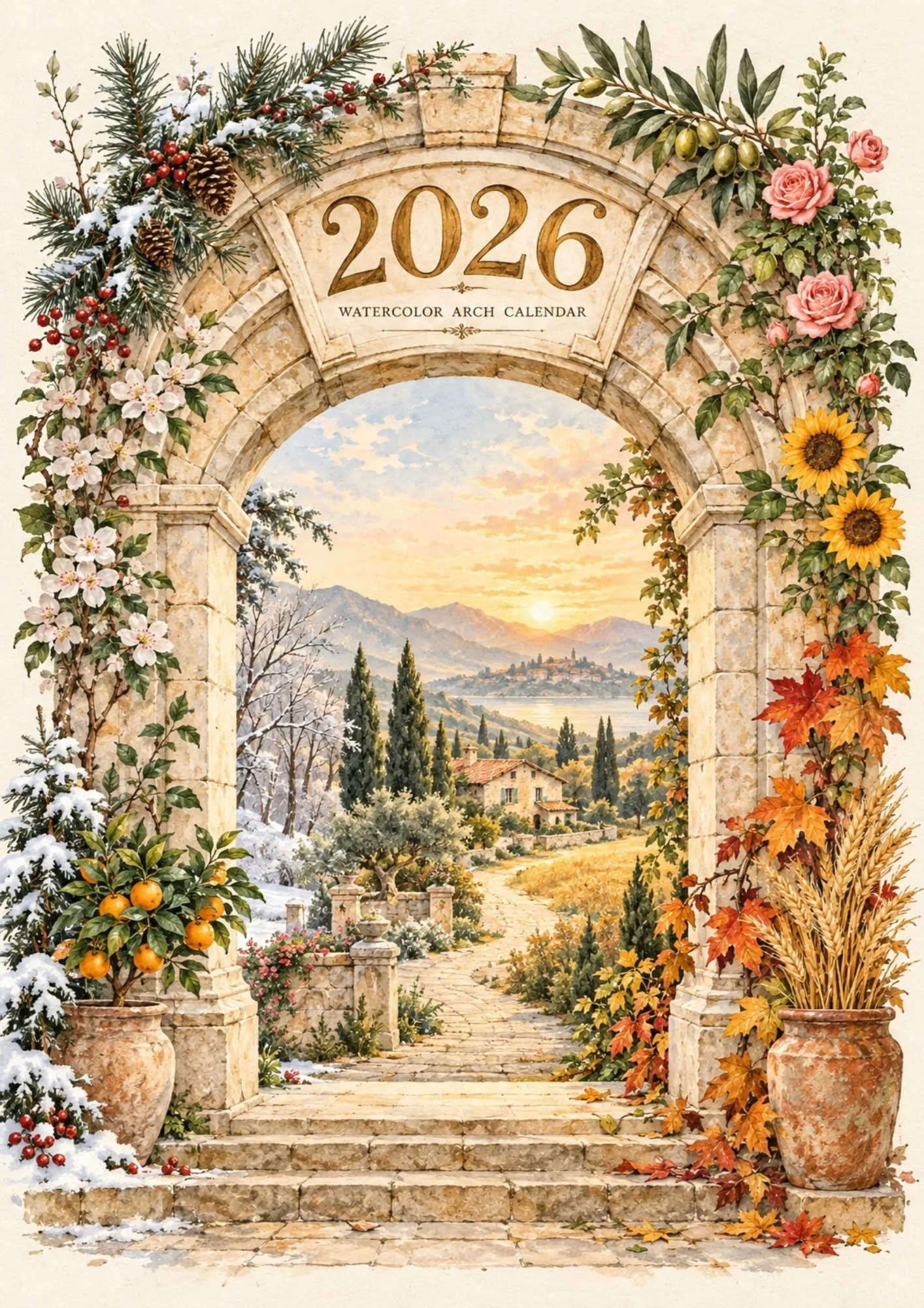 Cover page for the watercolor arch 2026 calendar printable showing a stone garden archway.