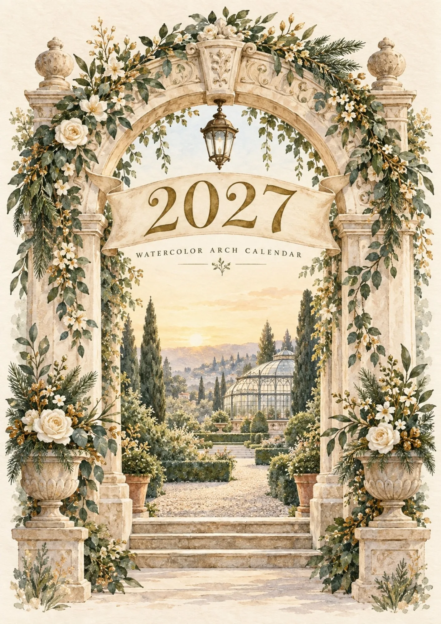Cover page for the watercolor arch 2027 calendar printable showing a stone garden archway.