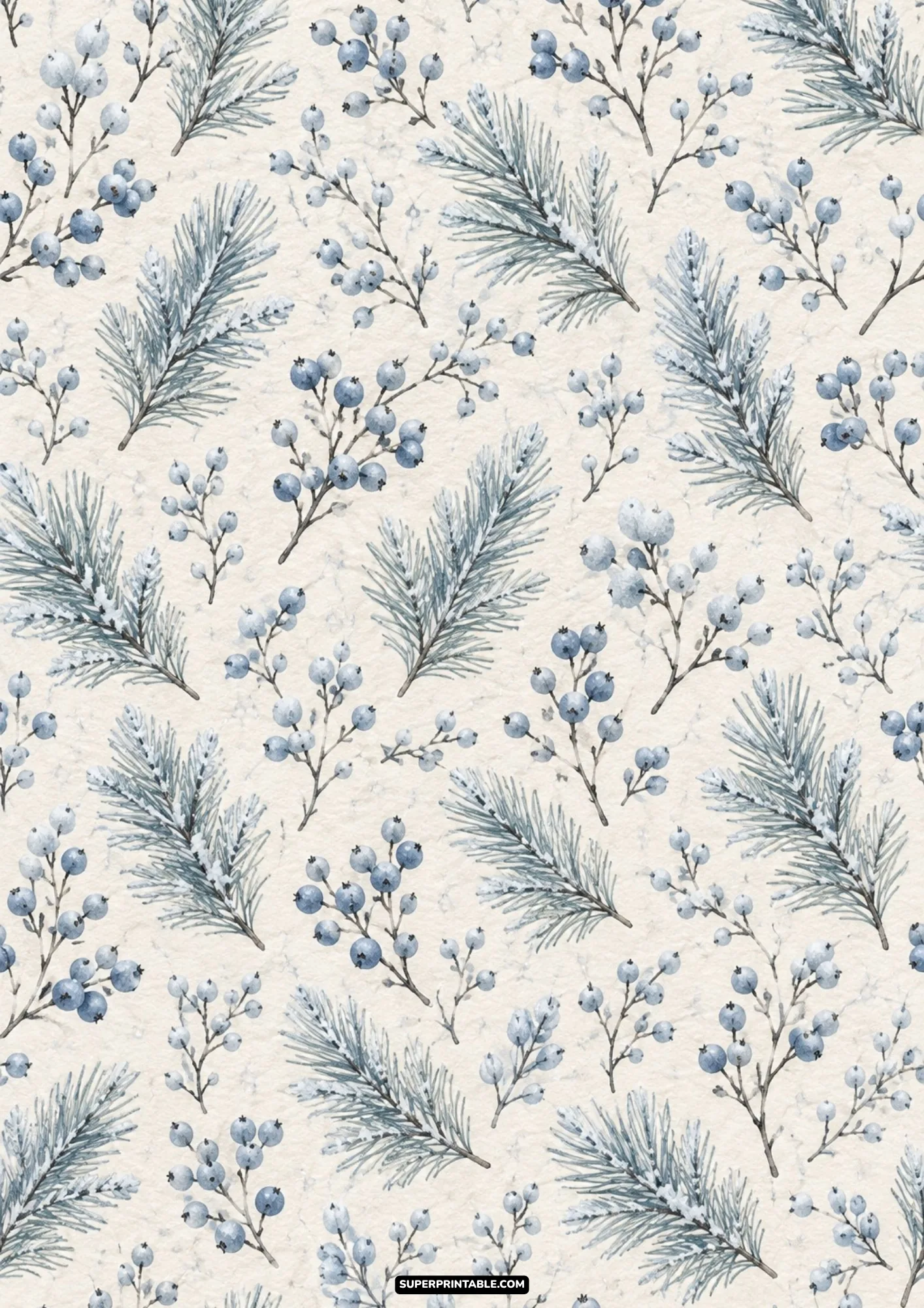Seamless botanical pattern of pale blue winter berries and frosted evergreen pine sprigs on textured cream paper