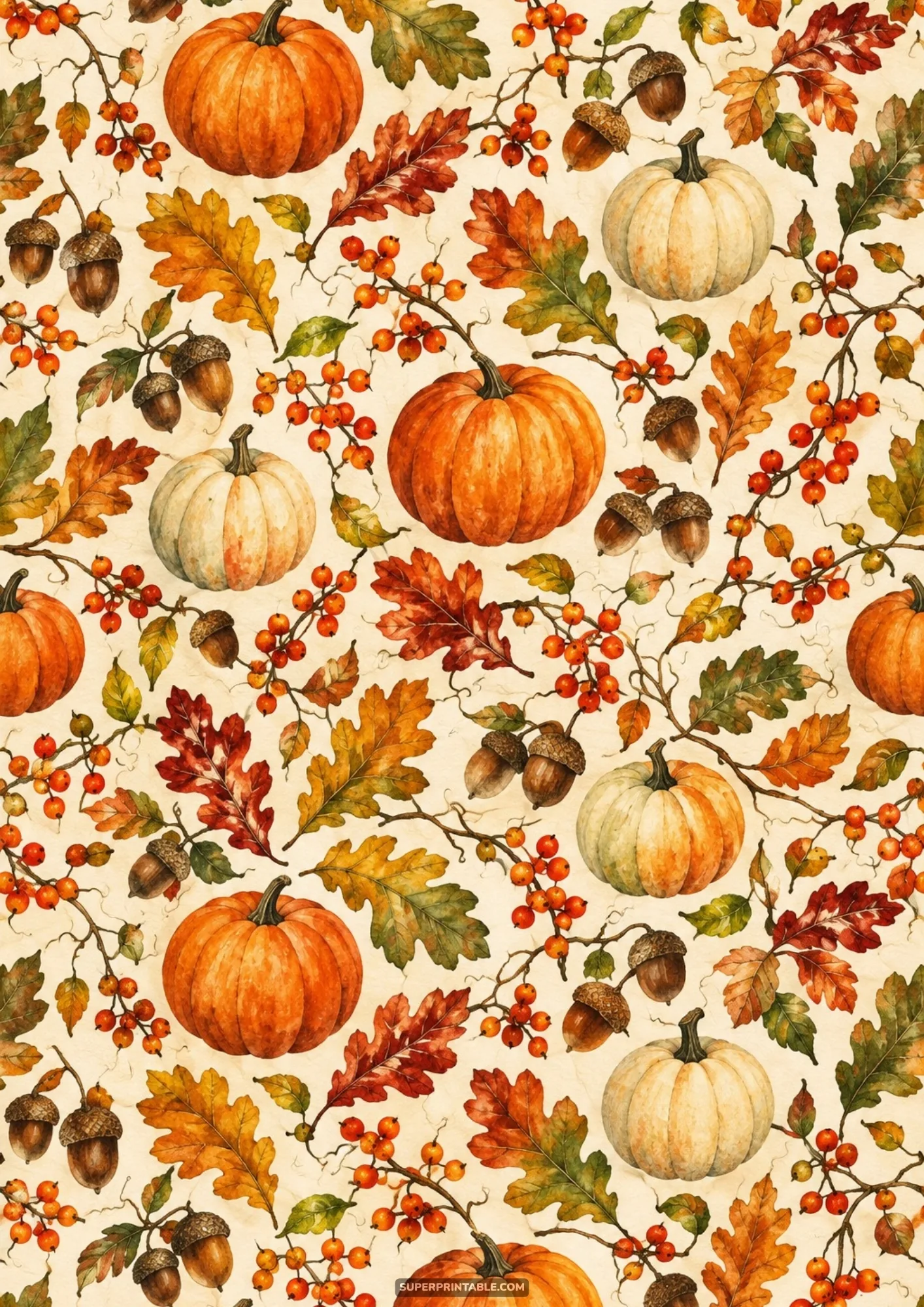 Vintage watercolor pattern of orange pumpkins, acorns, and oak leaves on off-white paper