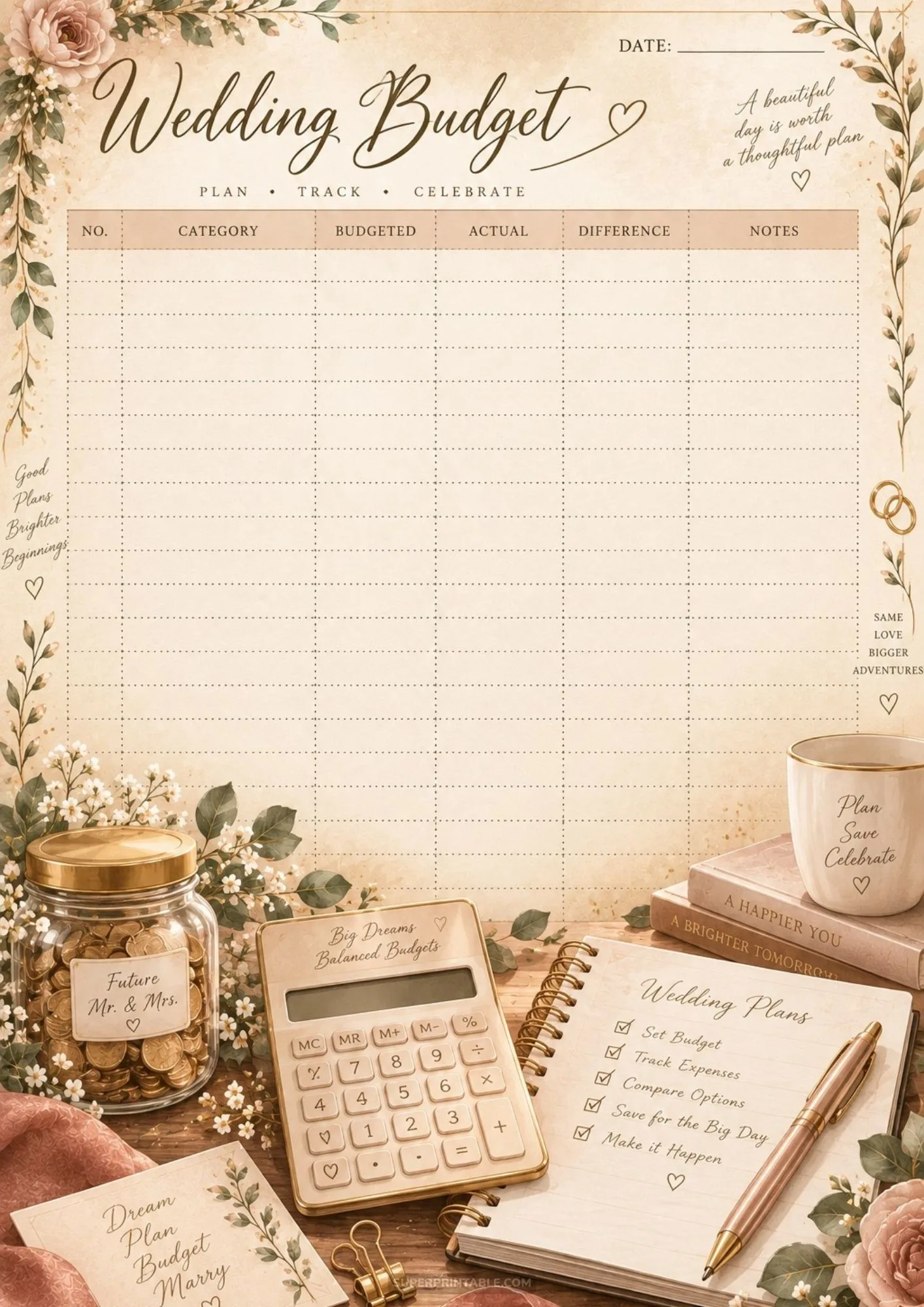 Printable wedding budget tracker sheets with expense tracking tables and financial planning accessories.