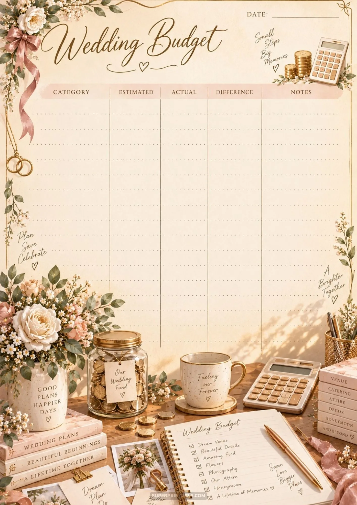 Financial wedding planning flatlay with a printable budget page, coin savings jar, and calculator.
