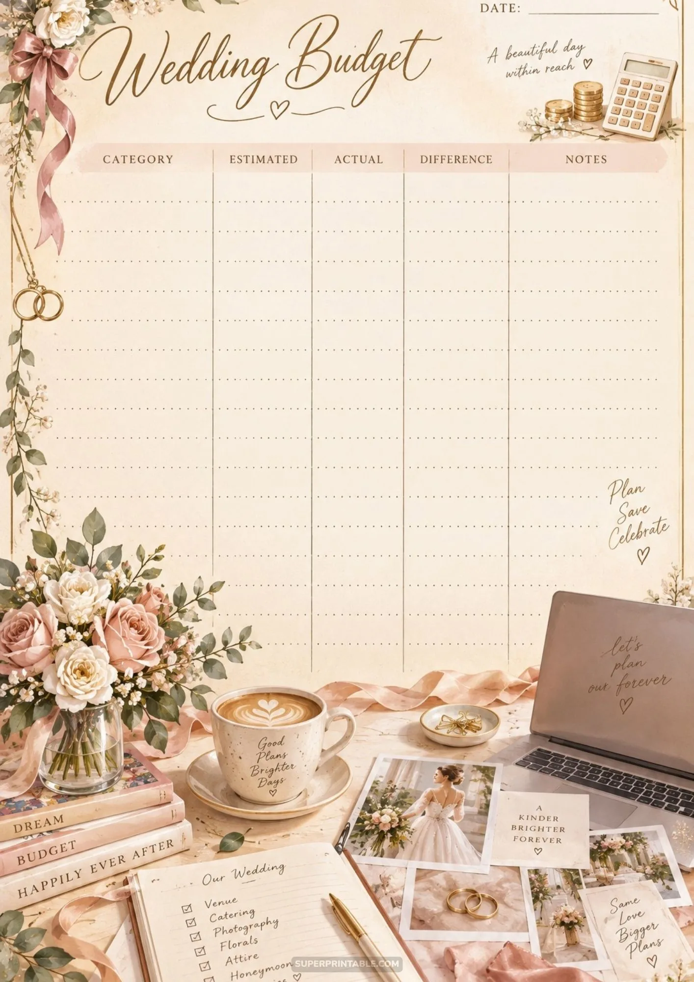 Cozy wedding planning desk scene featuring a printable budget worksheet, coffee, and laptop.
