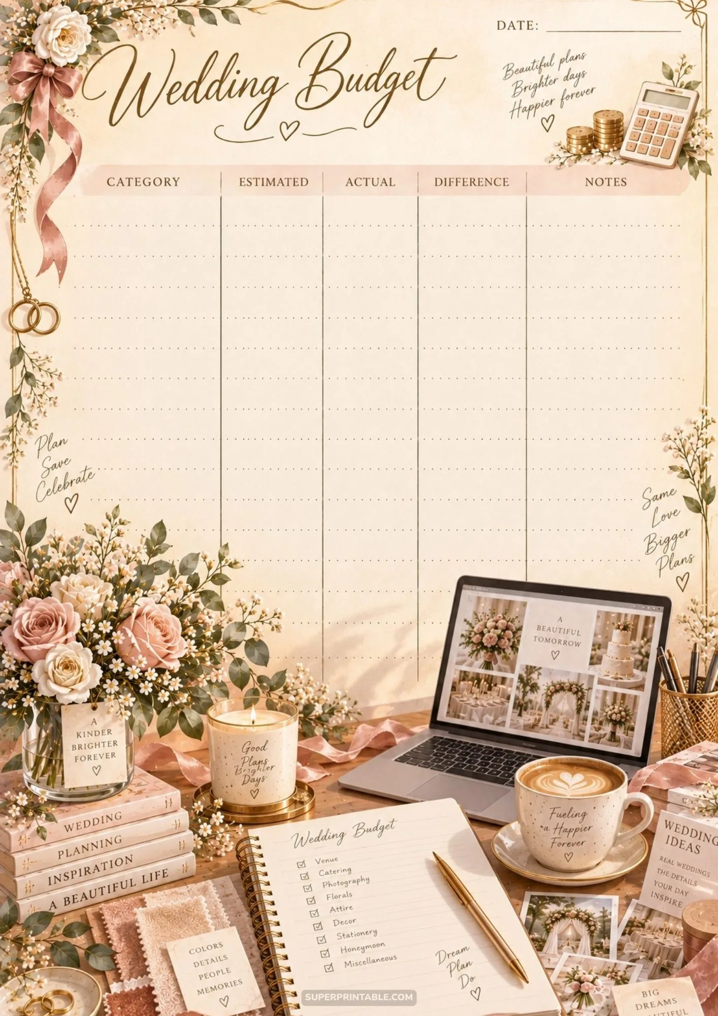 Workstation setup with a printable wedding expense tracker sheet, laptop, and floral accents.