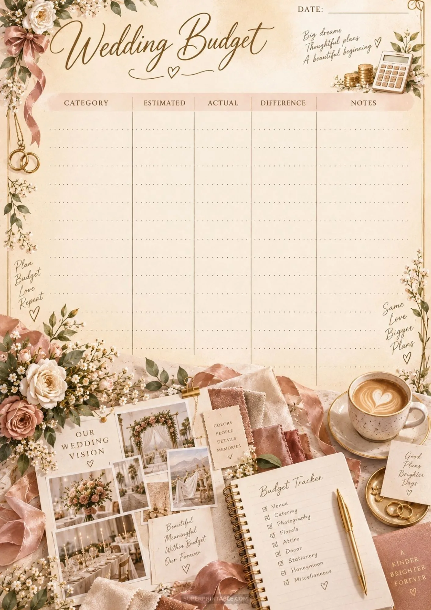 Floral printable budget ledger template displayed over a wedding vision board and planner notebook.