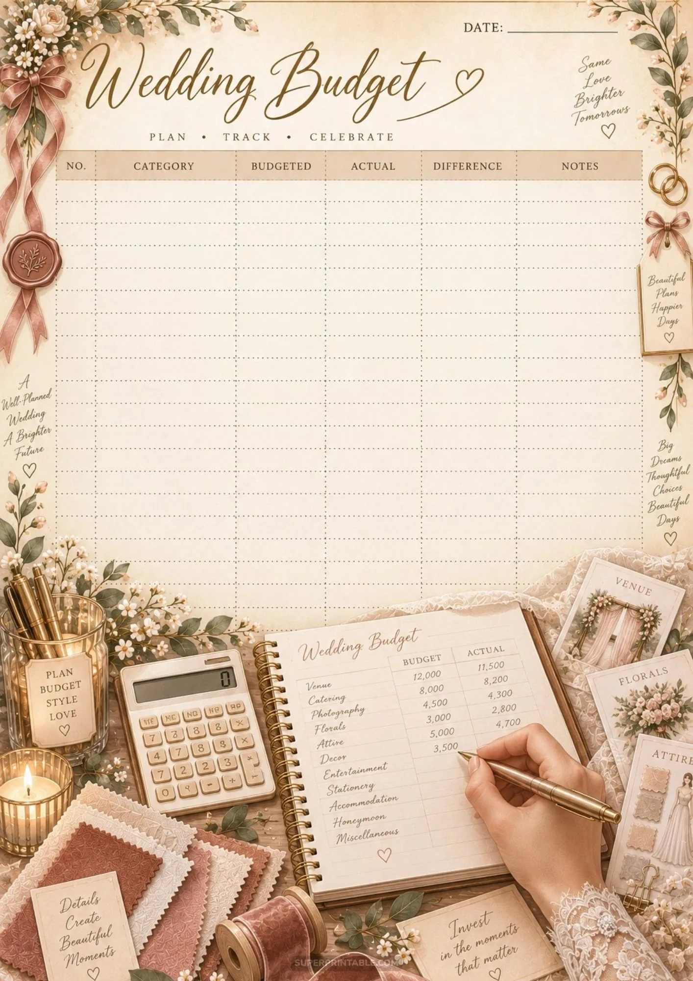 Close-up of a hand writing expense details on a floral wedding budget sheet layout.
