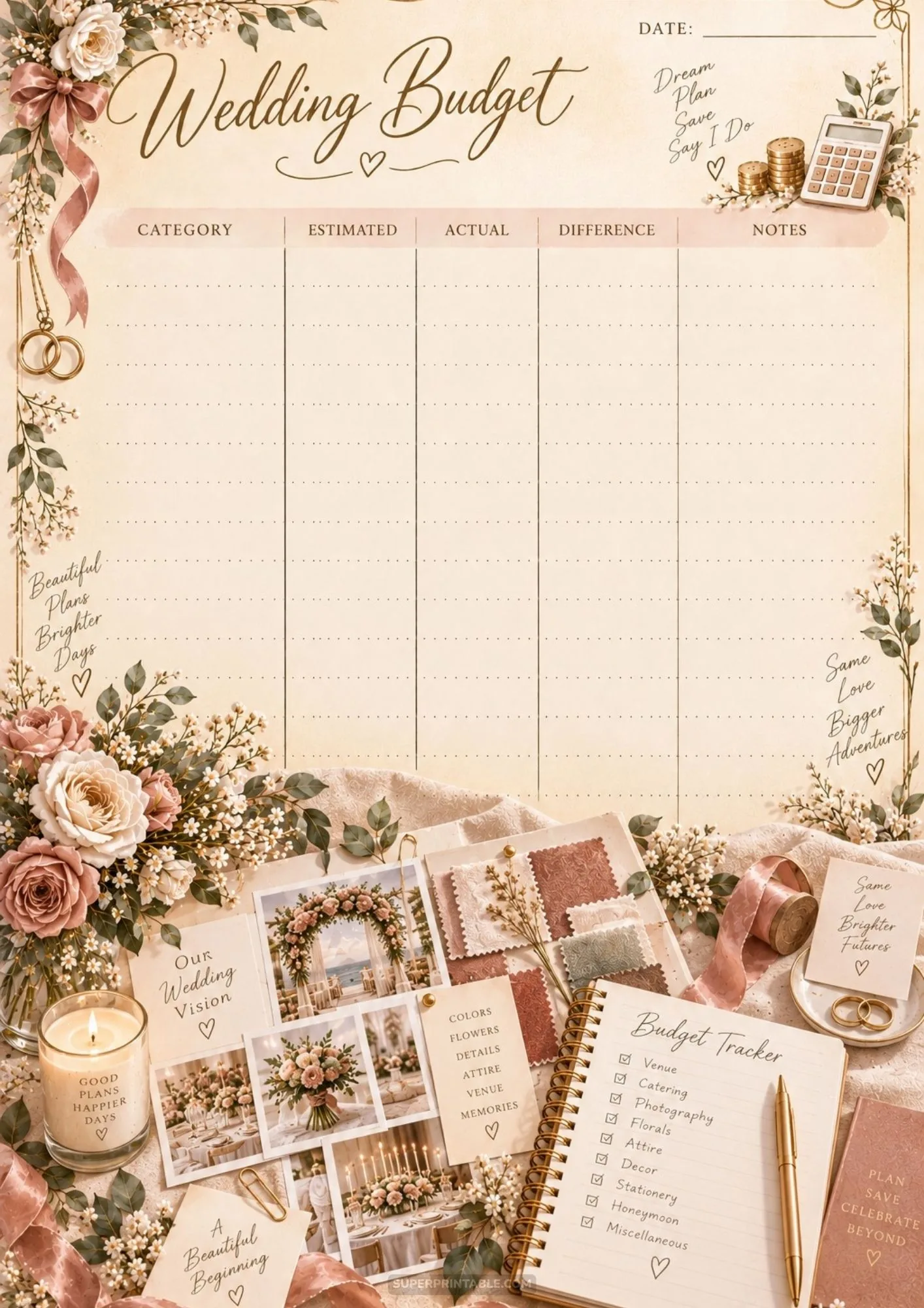 Printable wedding budget table above a flatlay of ceremony photos, swatches, and rings.