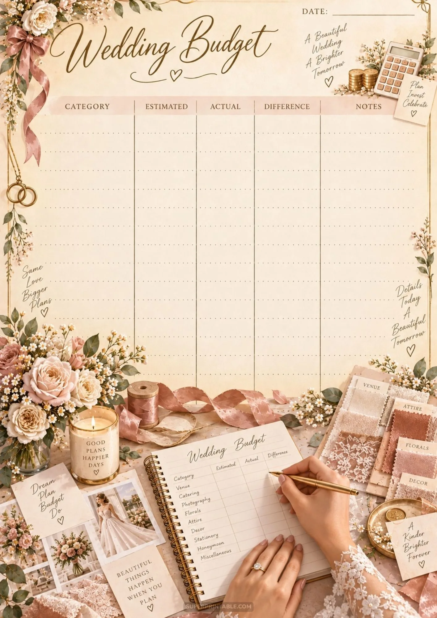 Detailed view of bridal budget sheet planning with fabric swatches, lit candle, and floral decor.